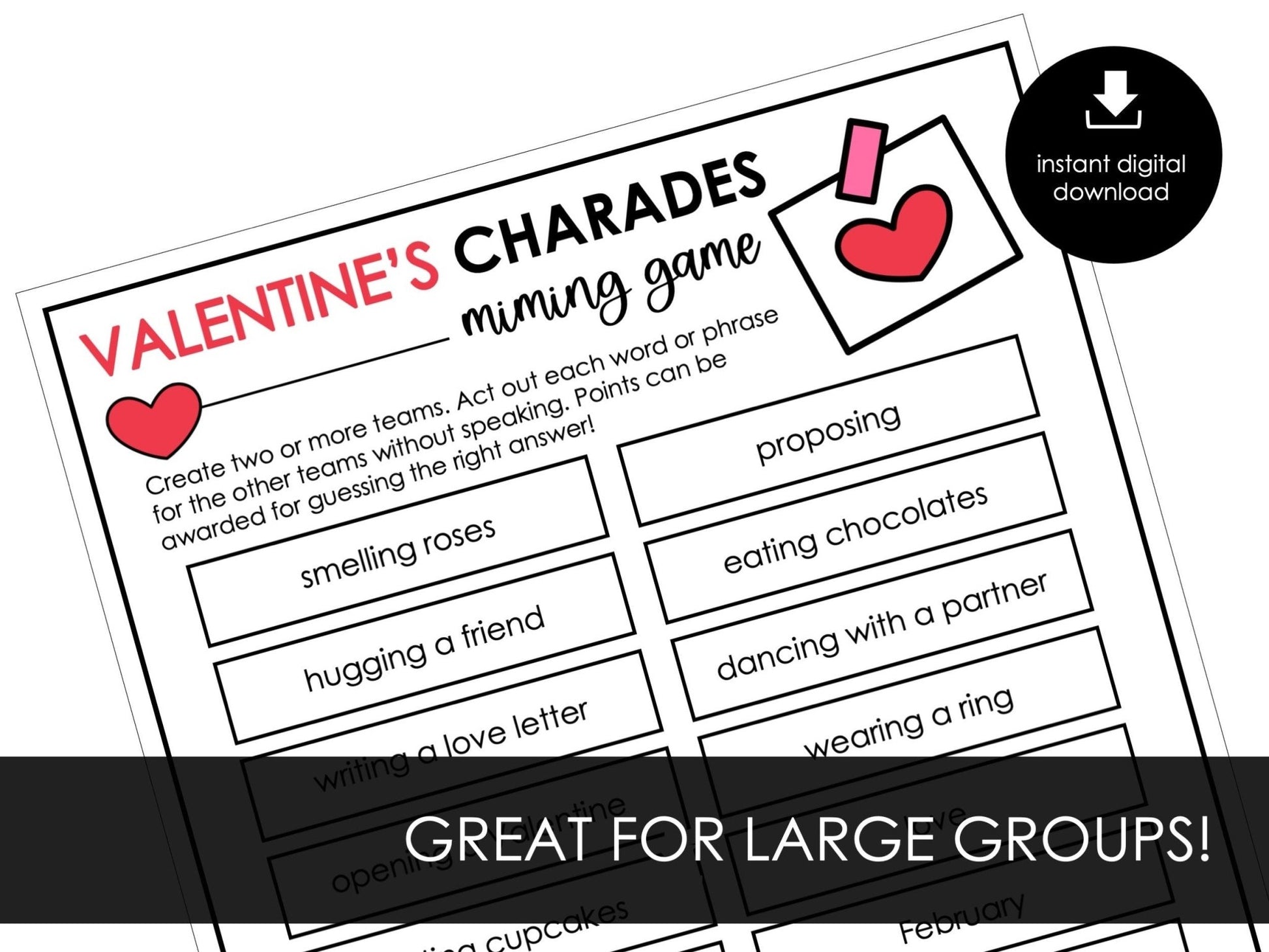 Valentine's Day Charades Party Game for Kids, Classroom Charades Holiday Miming Game - Editable