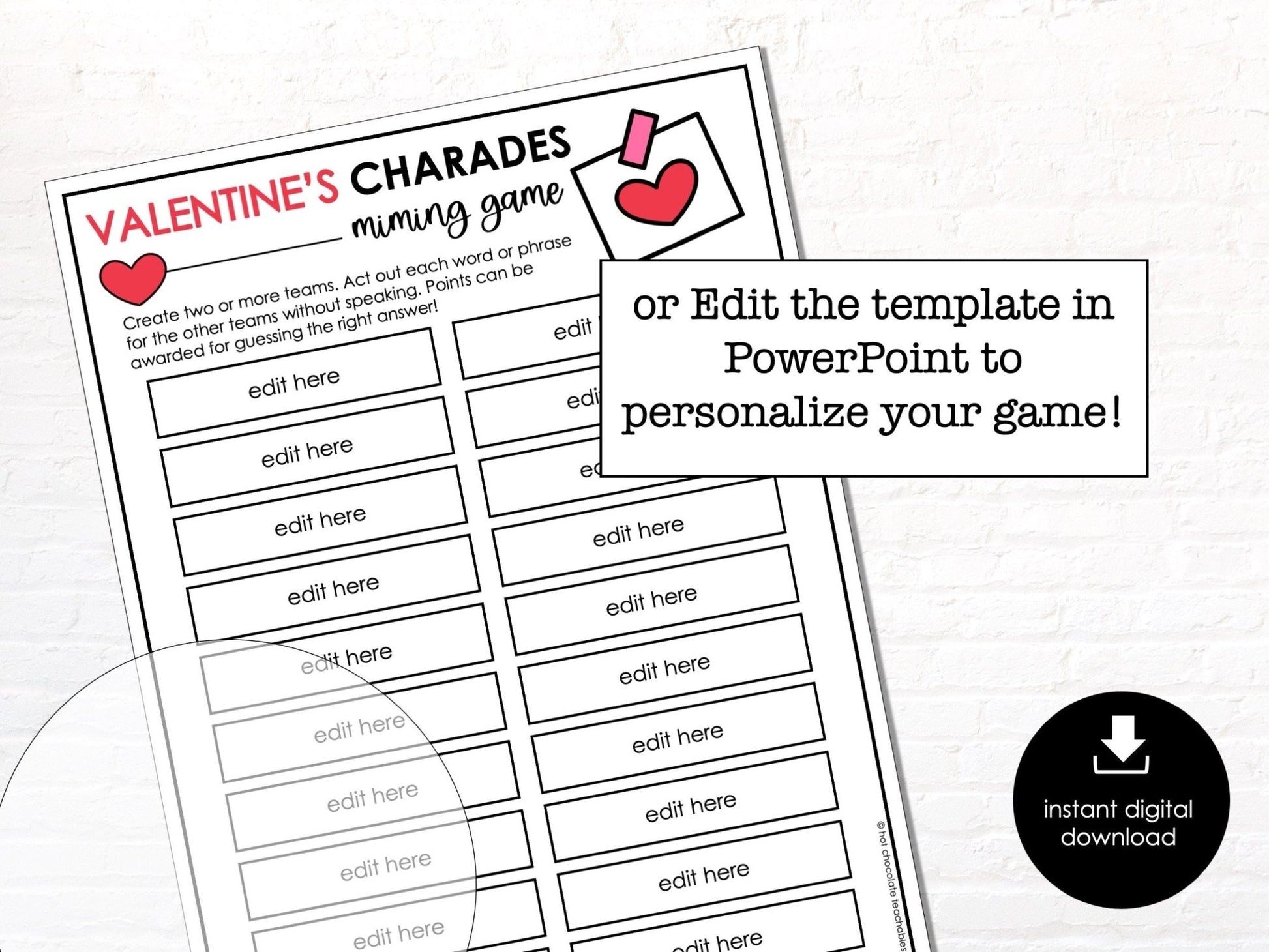 Valentine's Day Charades Party Game for Kids, Classroom Charades Holiday Miming Game - Editable