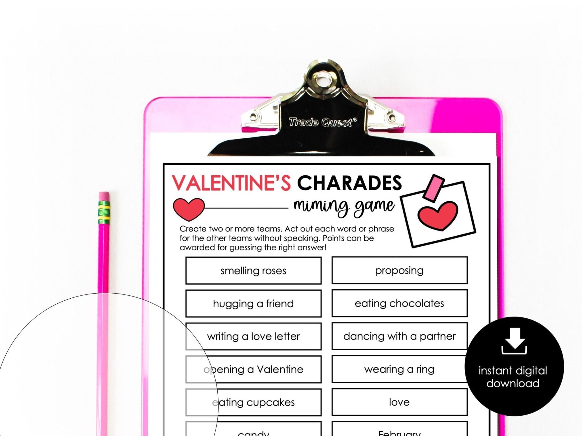Valentine's Day Charades Party Game for Kids, Classroom Charades Holiday Miming Game - Editable