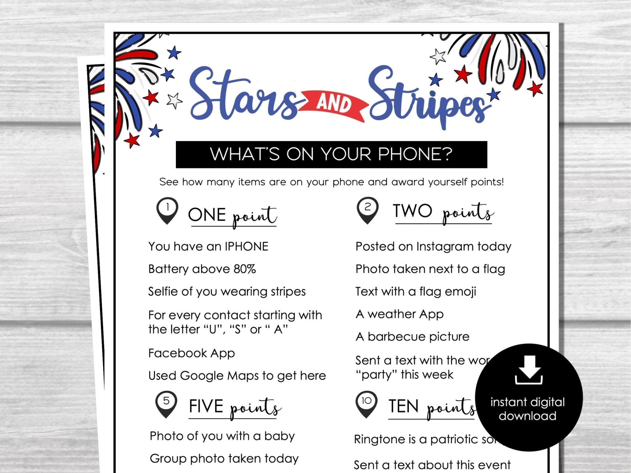 What's on your phone? 4th of July Game, Memorial Day Party Game, IceBreaker Game, Labor Day Group Game, USA Party, Phone Scavenger Hunt