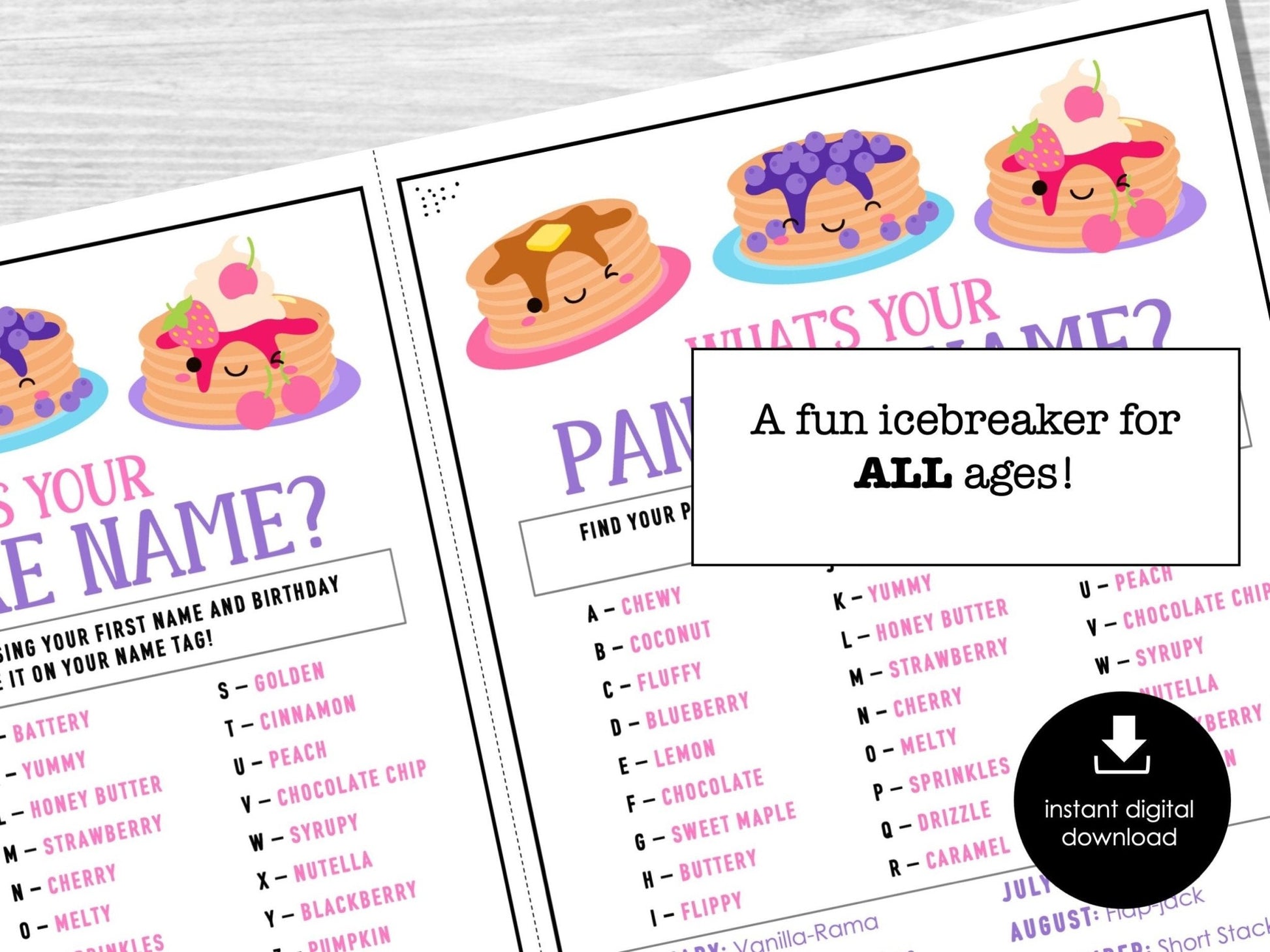 What's Your Pancake Name Game, Pancake Name Tags and Sign, Pancake Breakfast IceBreaker