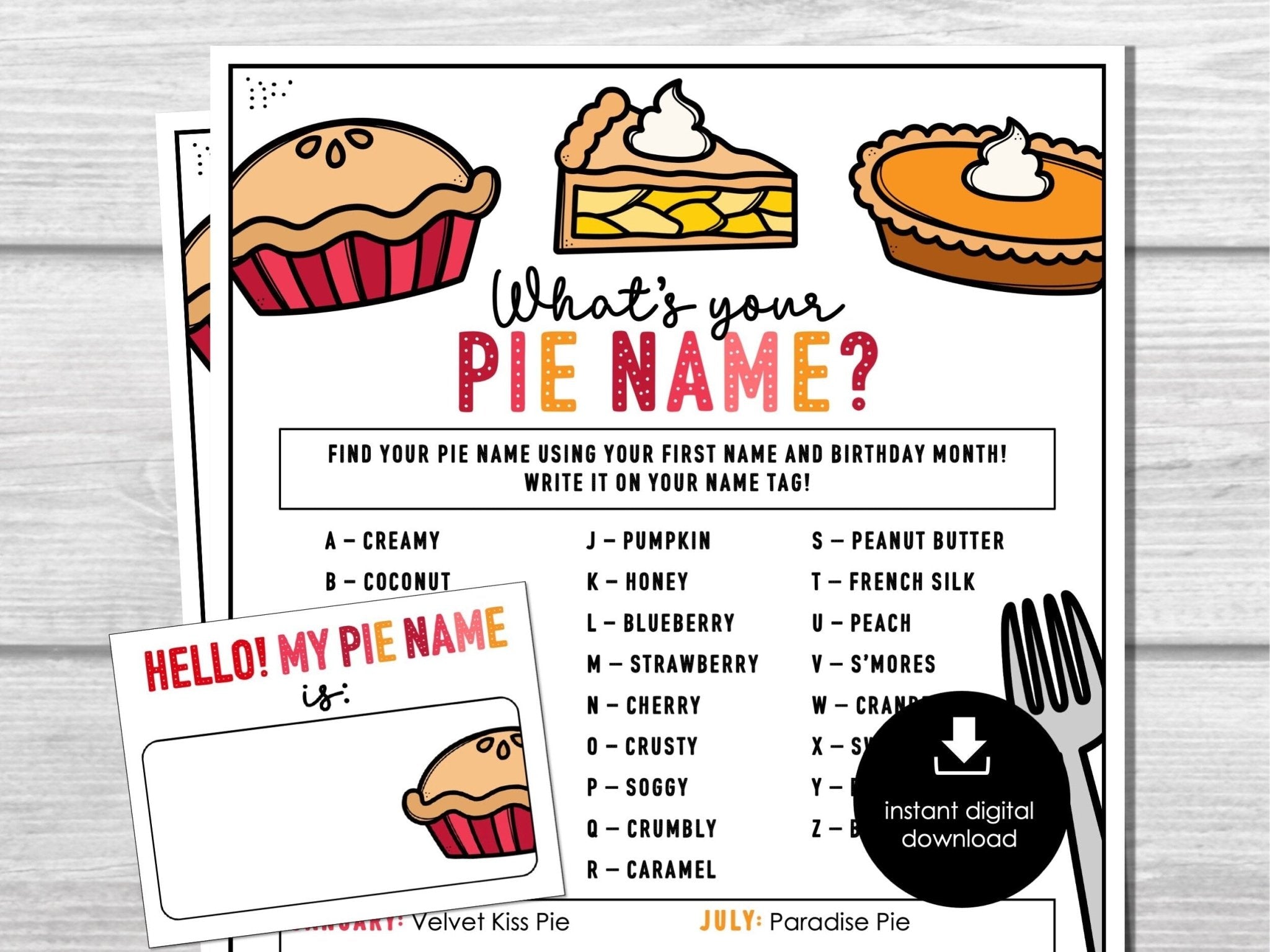 What's Your Pie Name with Name tags & Sign, Icebreaker, Pie Contest, Thanksgiving