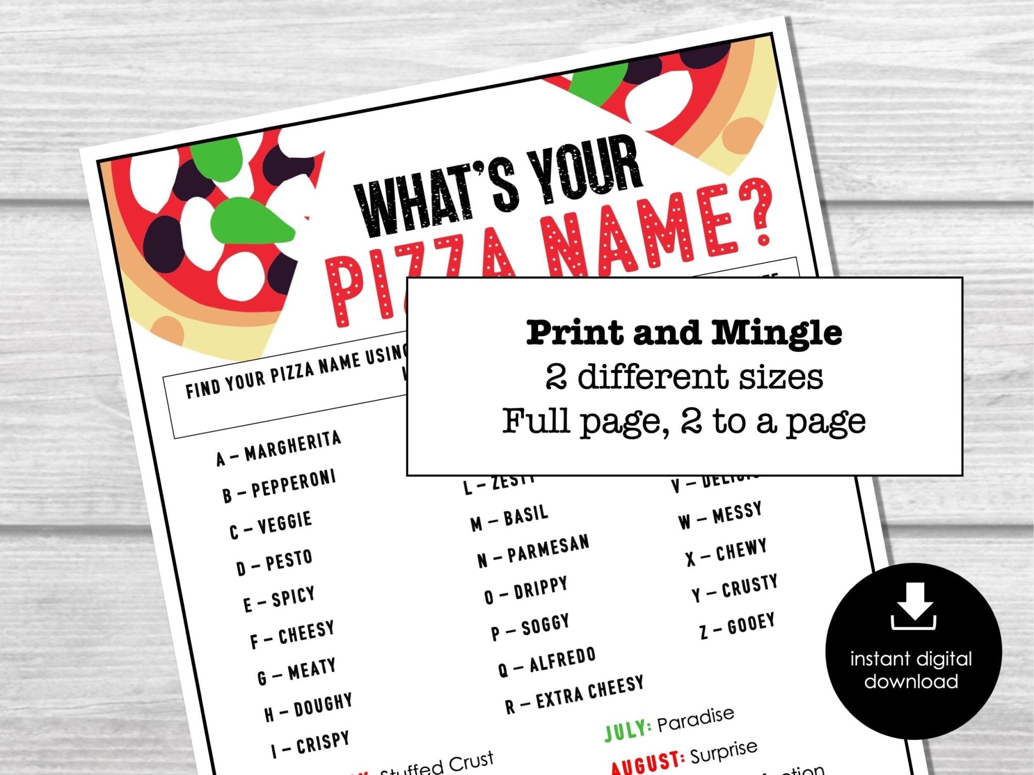 What's Your Pizza Name with Nametags & Sign, Icebreaker for Pizza Party, Birthday Party Activity,