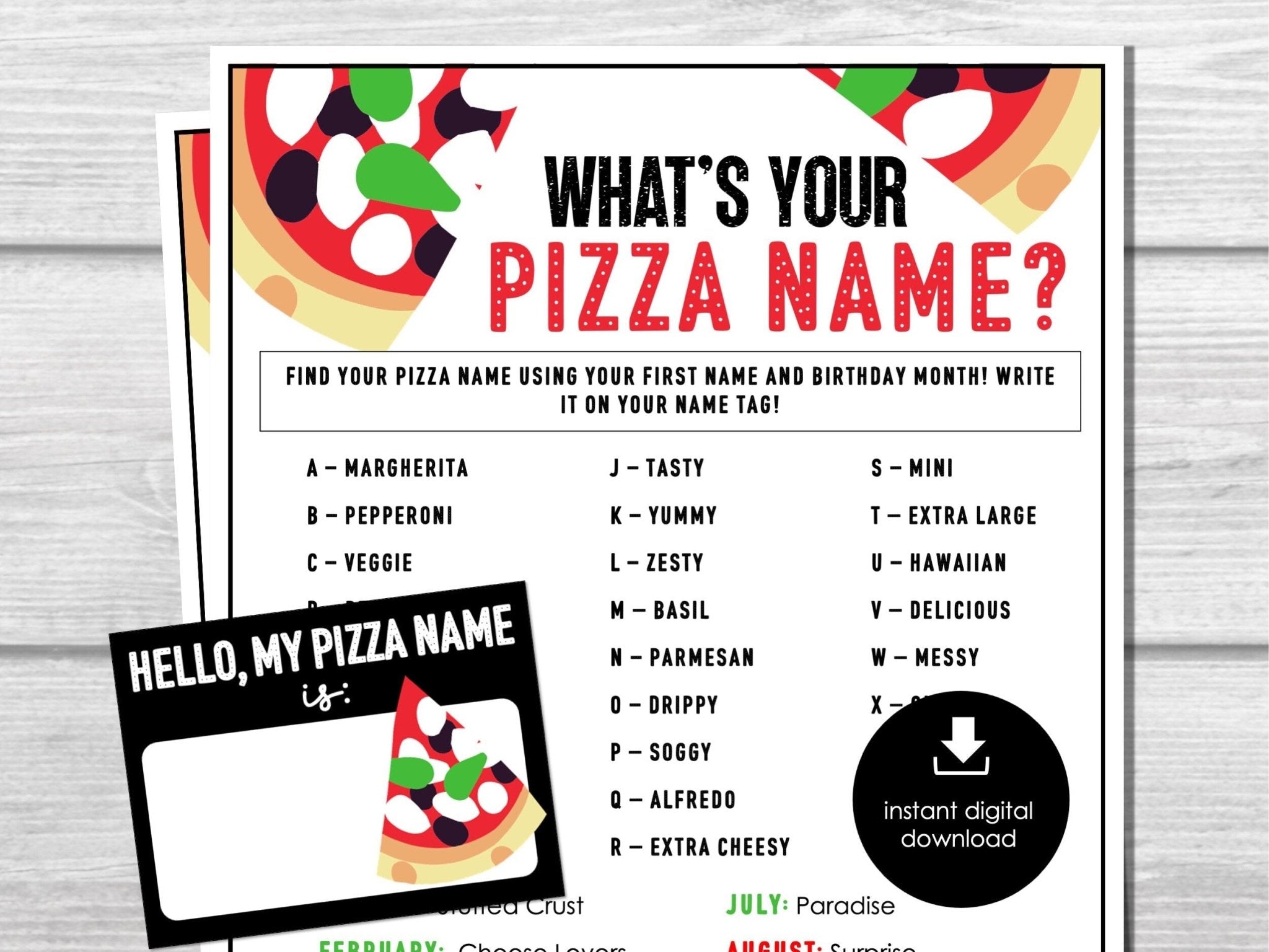 What's Your Pizza Name with Nametags & Sign, Icebreaker for Pizza Party, Birthday Party Activity,
