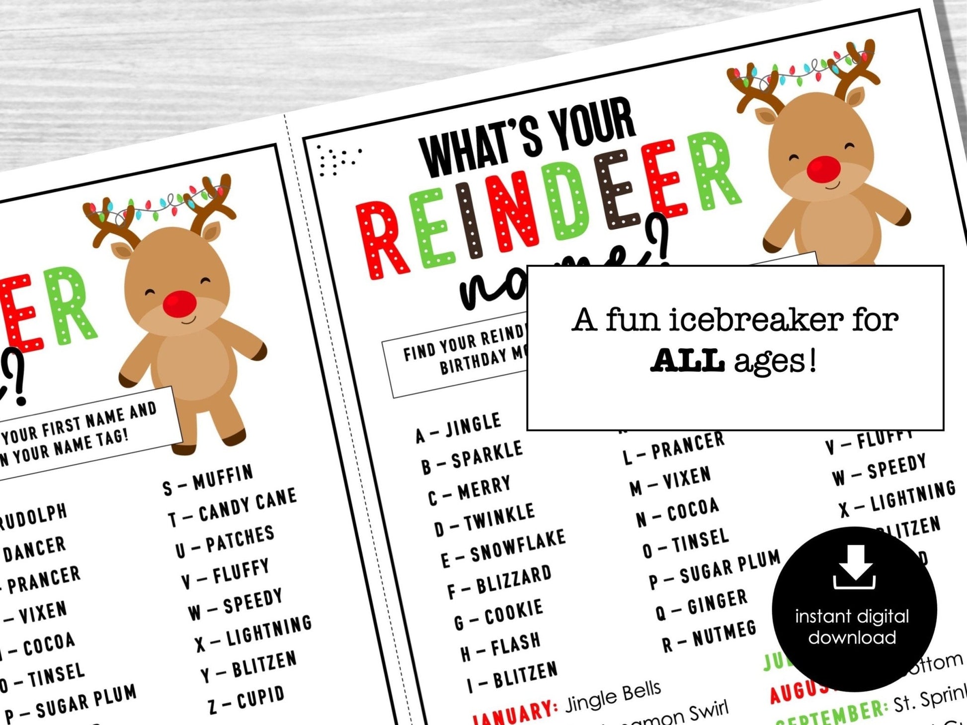 What's Your Reindeer Name, Christmas Name Game, Fun Party Name Tags, Ice Breaker Party Game
