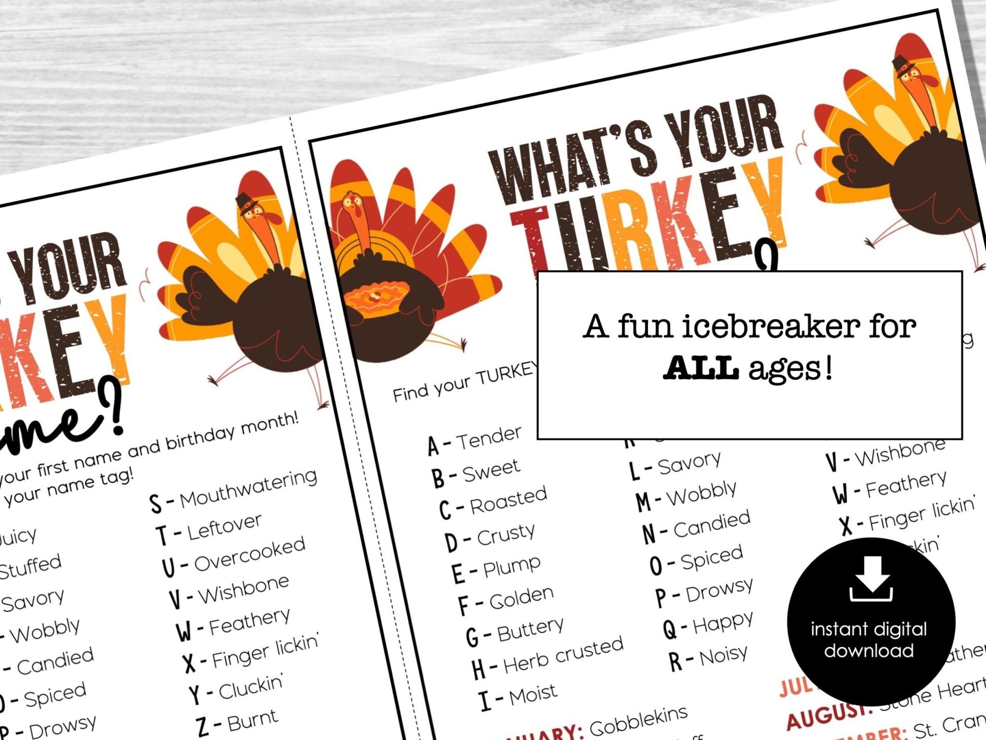 What's Your Turkey Name, Thanksgiving Name Game, Friendsgiving Name Tags, Ice Breaker for Kids & Adults