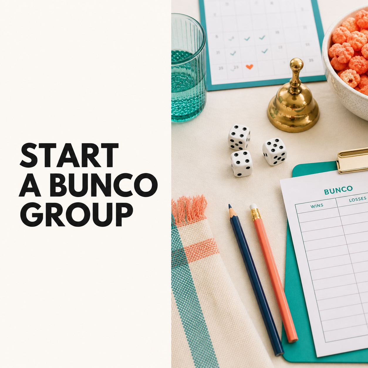 Start a Bunco Group with dice, bell, calendar, score sheet, and pencils