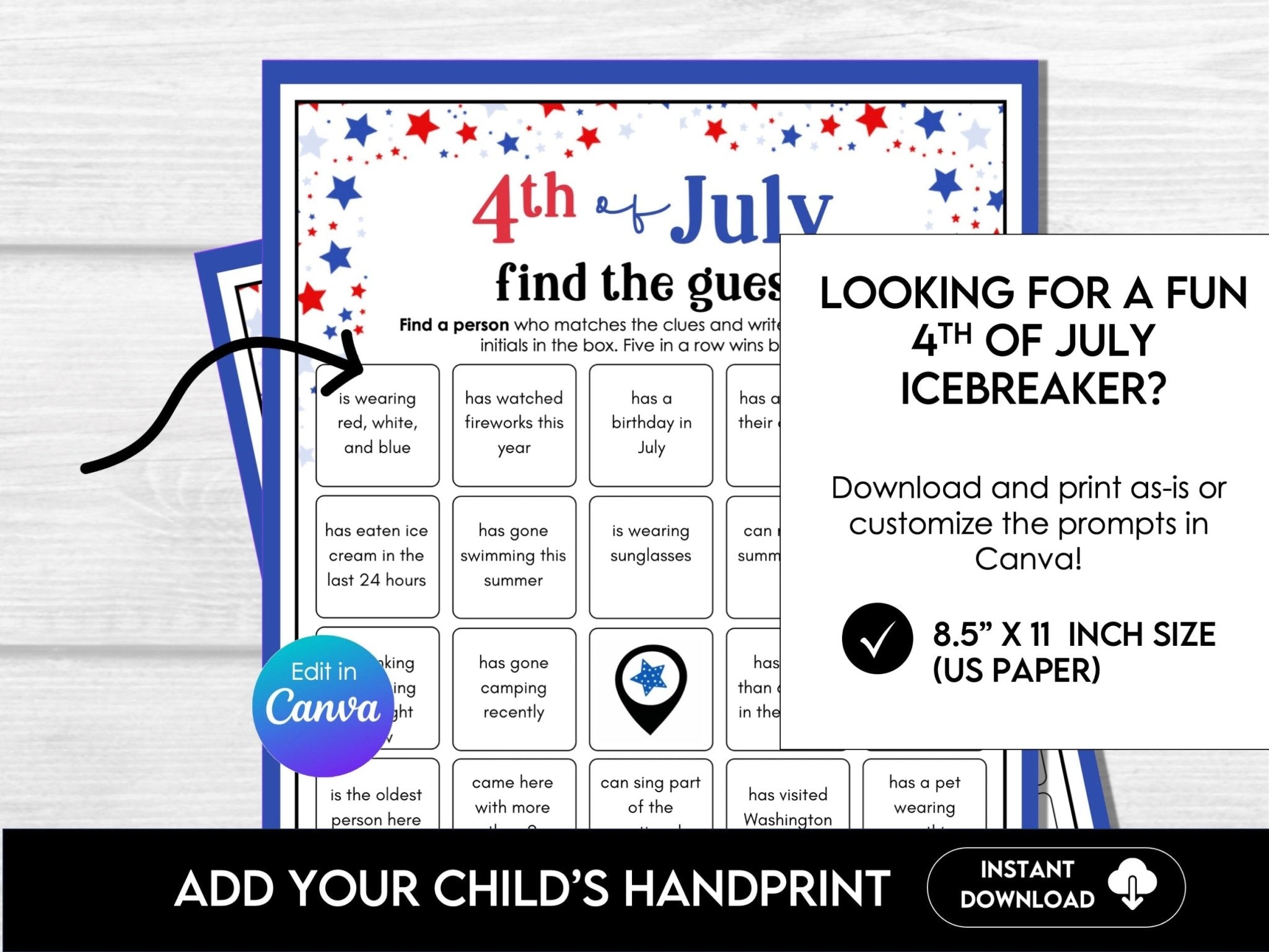 4th of July Find the Guest Bingo - Editable Party Game 4J - Before The Party