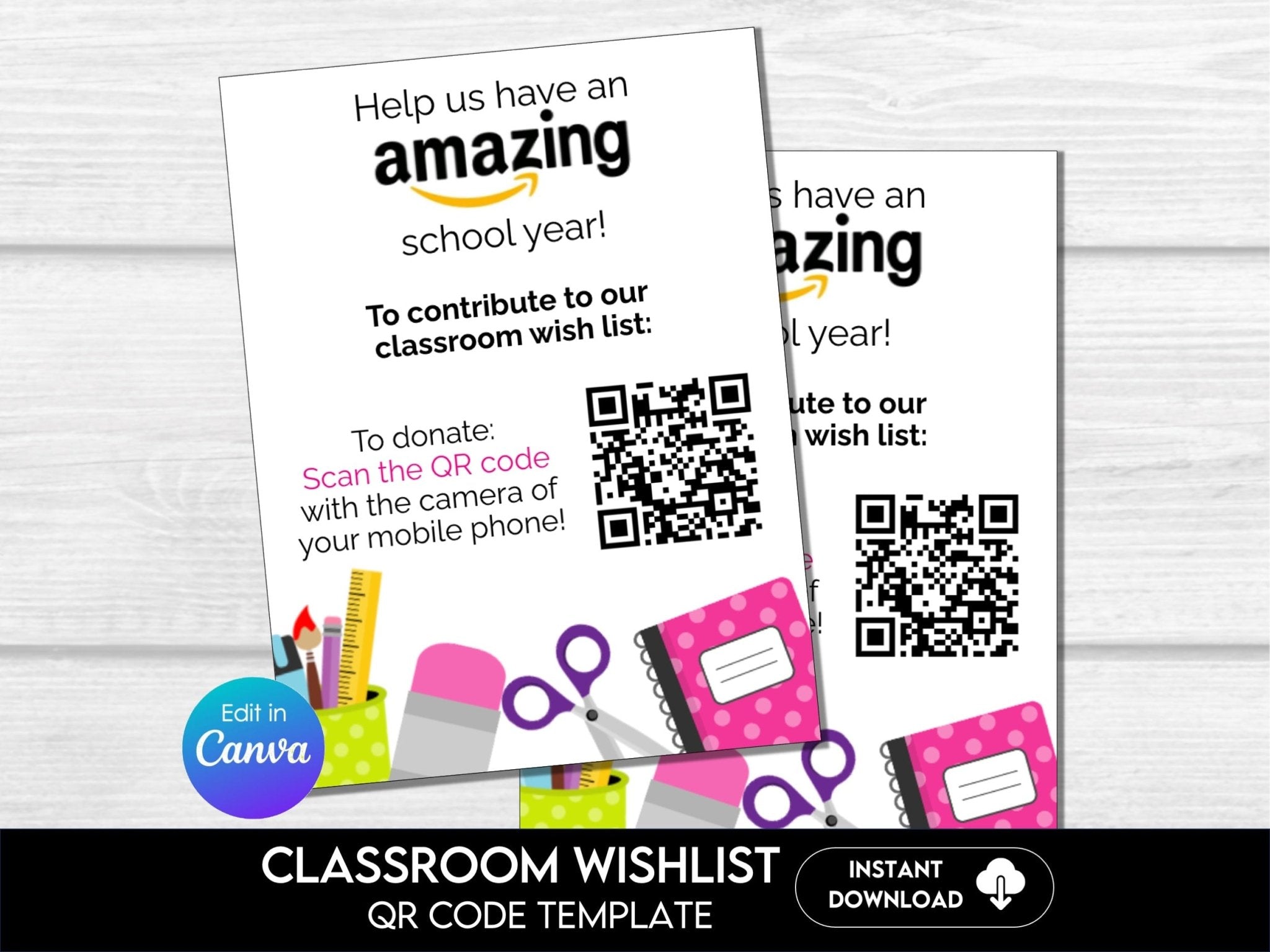 Back to School QR Code Classroom Wish List for Teachers, Editable in Canva, Editable Teacher Wishlist Classroom Supplies Donation Cards - Before The Party