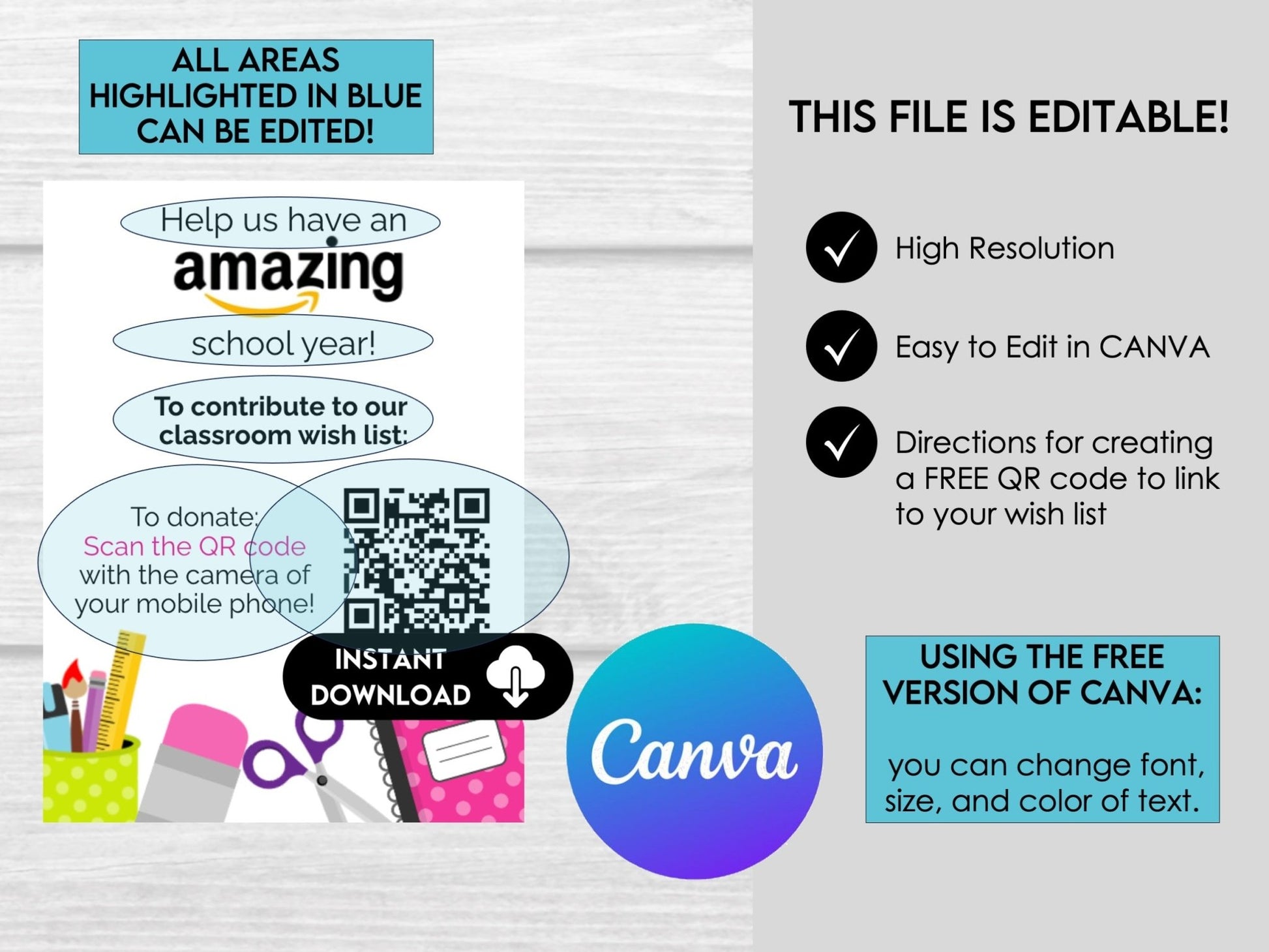 Back to School QR Code Classroom Wish List for Teachers, Editable in Canva, Editable Teacher Wishlist for classroom supply donation