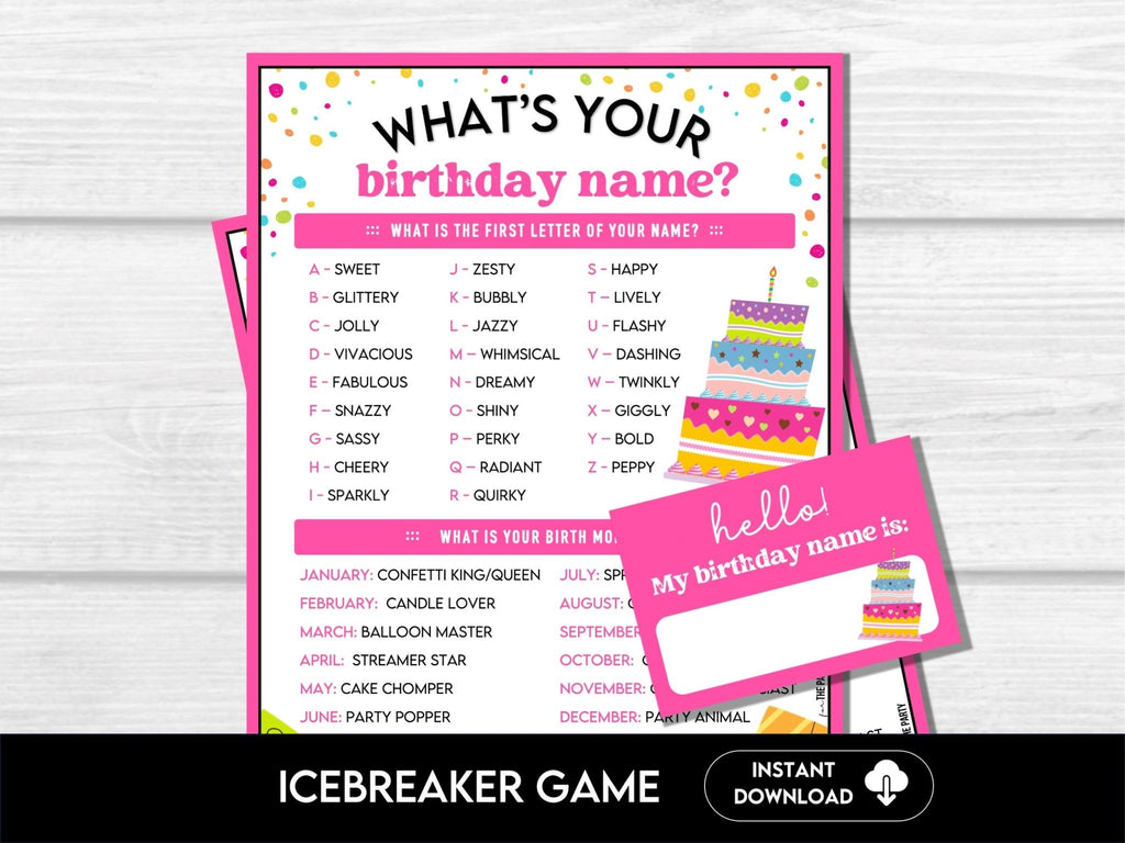 Birthday Name Game, Printable Birthday Game, What's Your Birthday Name Game, Kids and Adults, Printable Party Icebreaker, Includes Name Tags - Before The Party