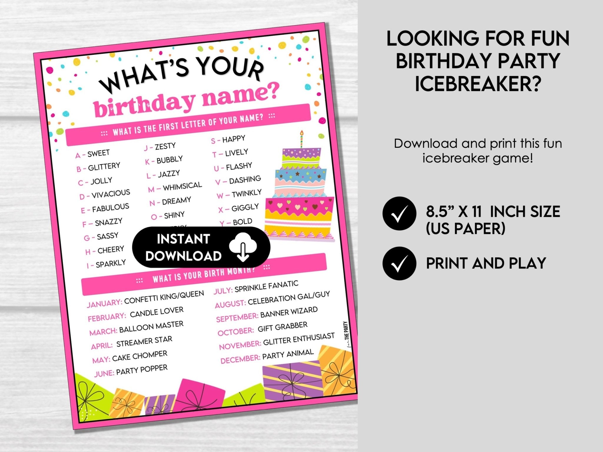Birthday Name Game, Printable Birthday Game, What's Your Birthday Name Game, Kids and Adults, Printable Party Icebreaker, Includes Name Tags - Before The Party