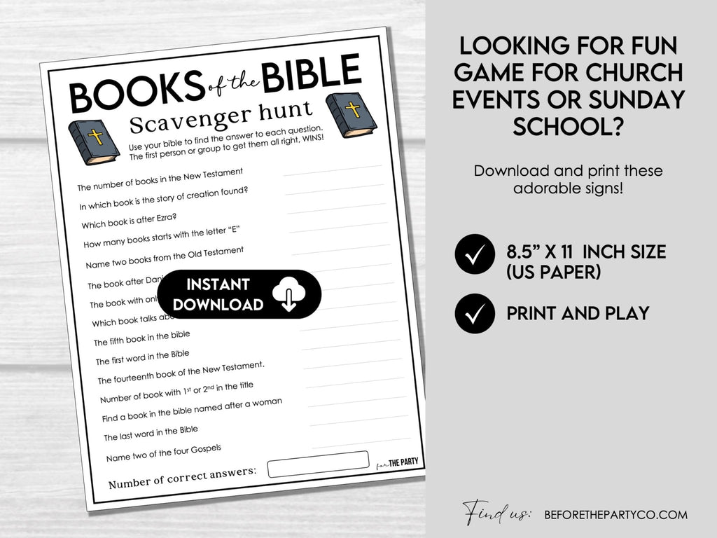 Books of the Bible Scavenger Hunt Game, Printable Church Group Activity, Sunday School Game, Church Camp, Use Your Bible Game - Before The Party