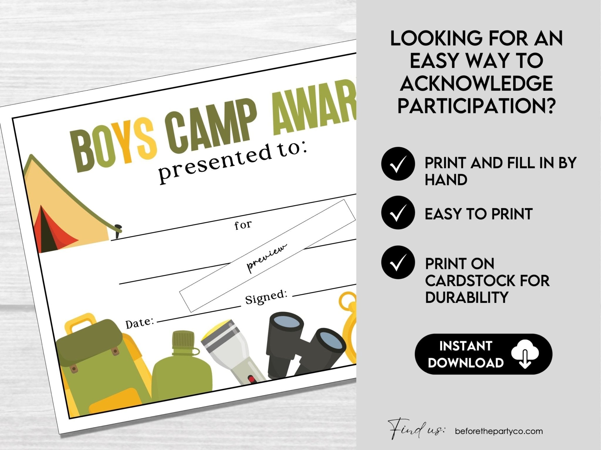 Boys Camp Awards, Summer Camp Certificate for Kids - Before The Party