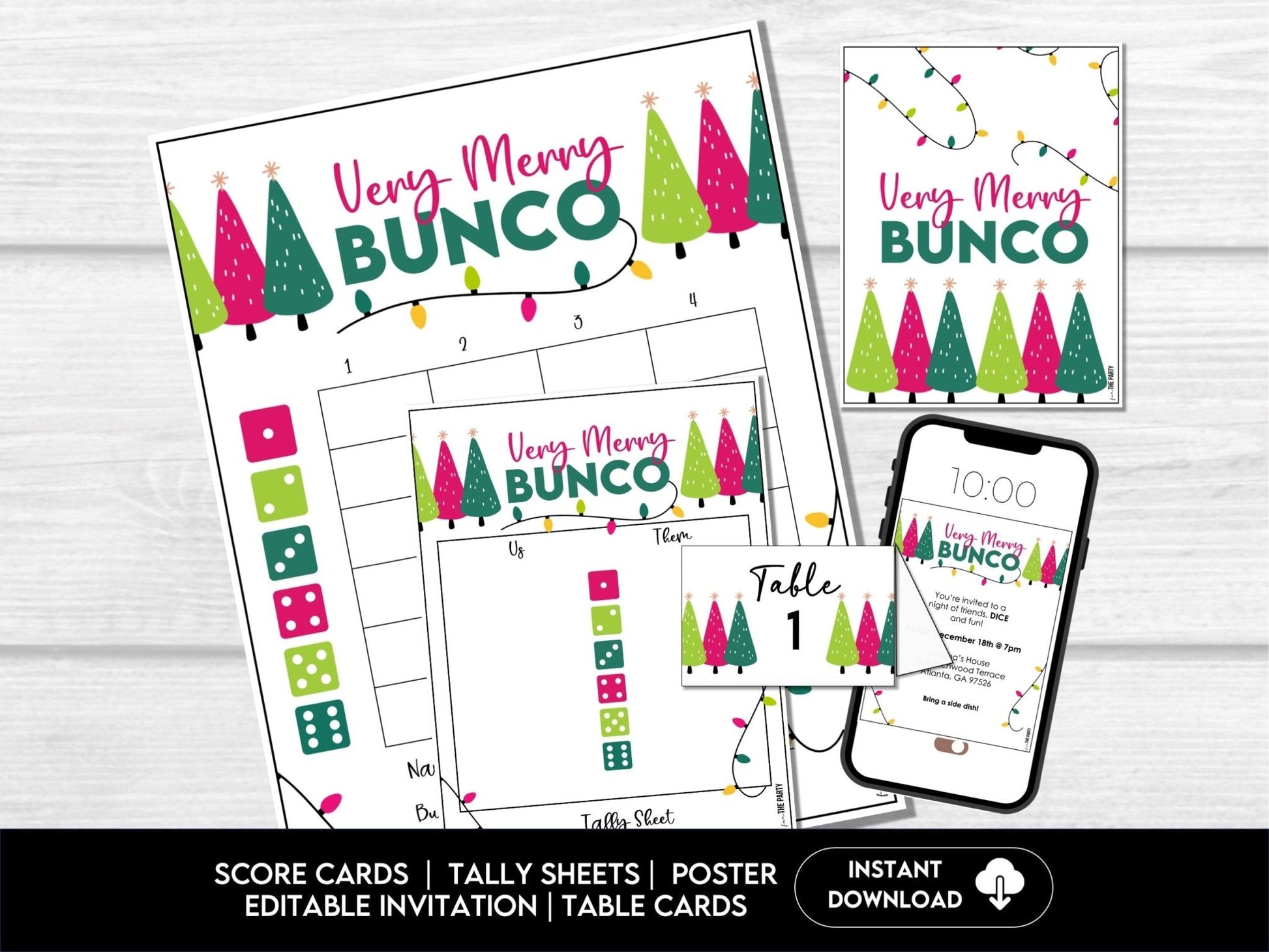 Bunco Christmas Party Pack - Score Cards, Sheets & Invites