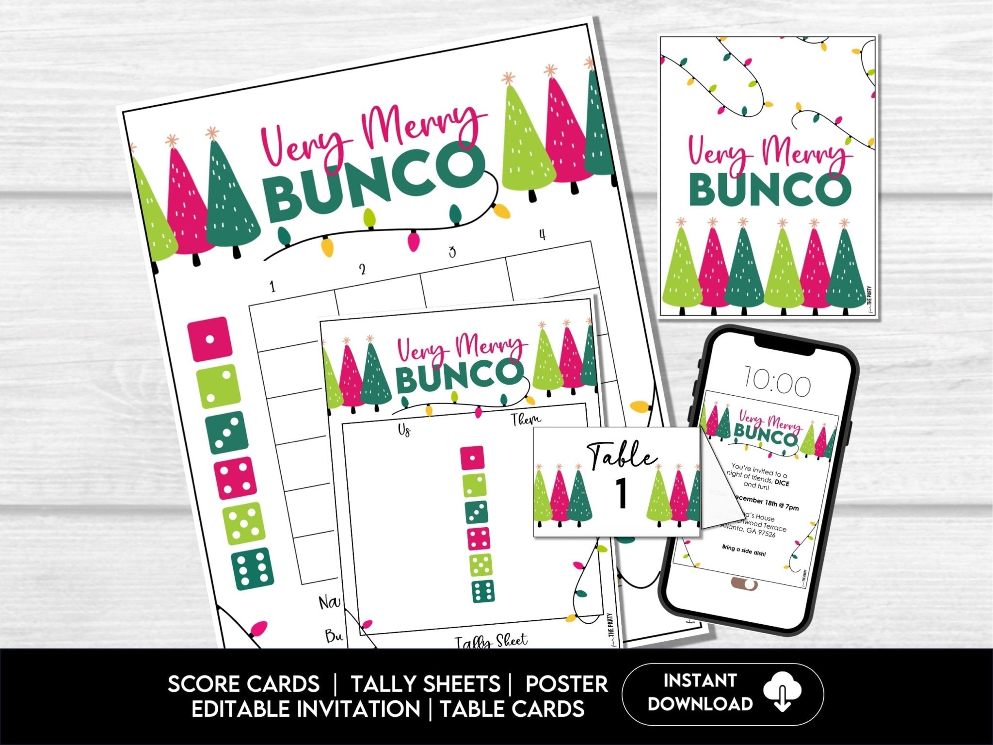 Bunco Christmas Party Pack - Score Cards, Sheets & Invites