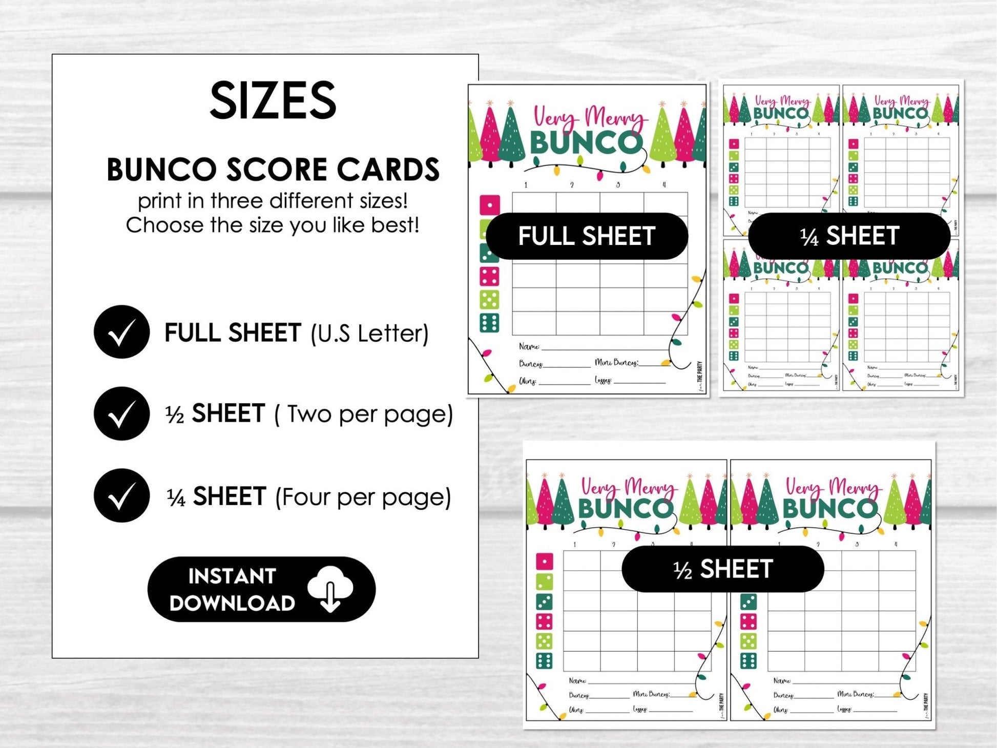 Bunco Christmas Party Pack - Score Cards, Sheets & Invites