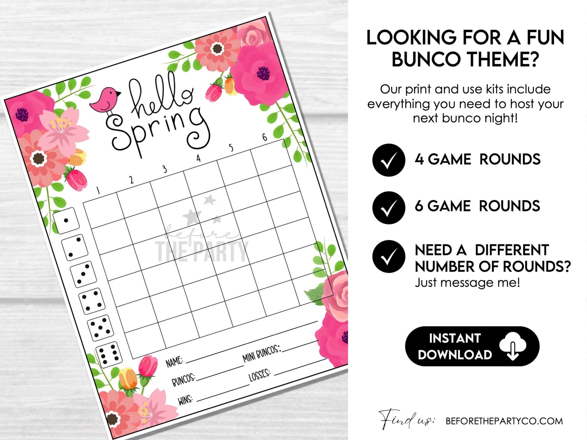 Bunco Score Sheets with Spring Flowers, Tally Cards, Table Markers, Invitation, Bunco Night Game Cards, Digital Download - Floral Theme - Before The Party