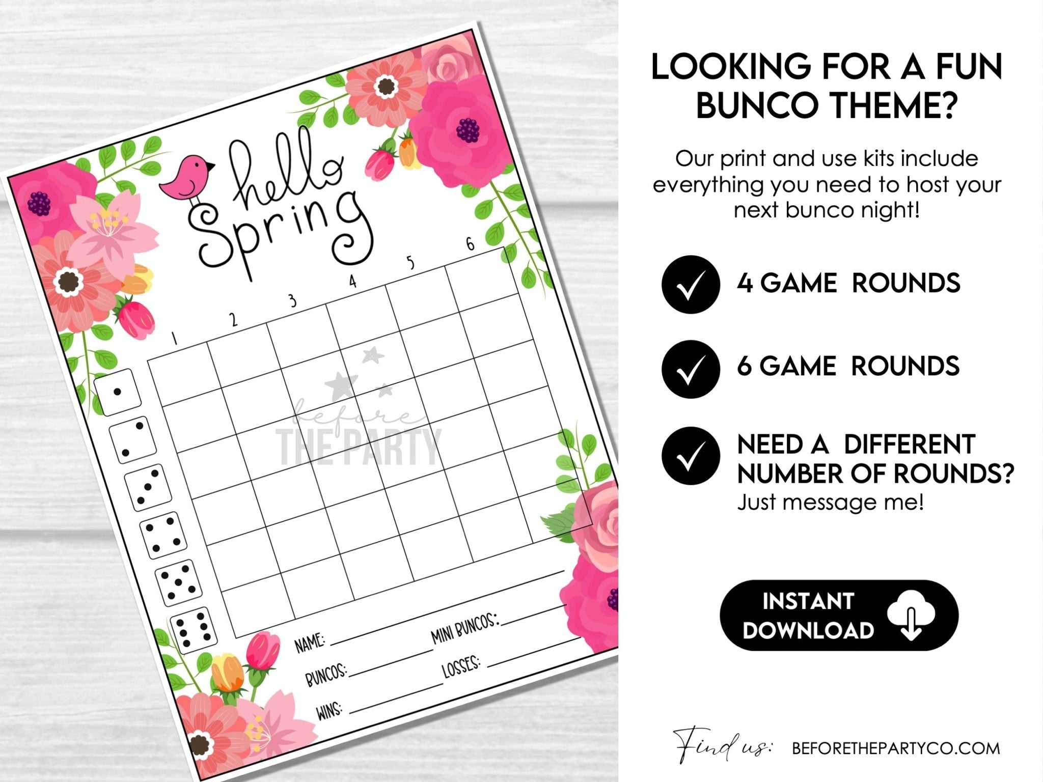 Spring Flowers Bunco Score Sheets | Tally Cards | Table Markers & Editable Invitation