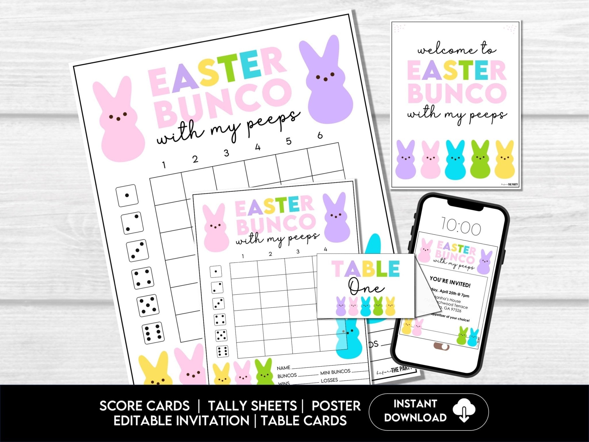 Bunco with My Peeps - Bunco Score Sheets, Tally Sheets, Table Numbers, Editable Invitation