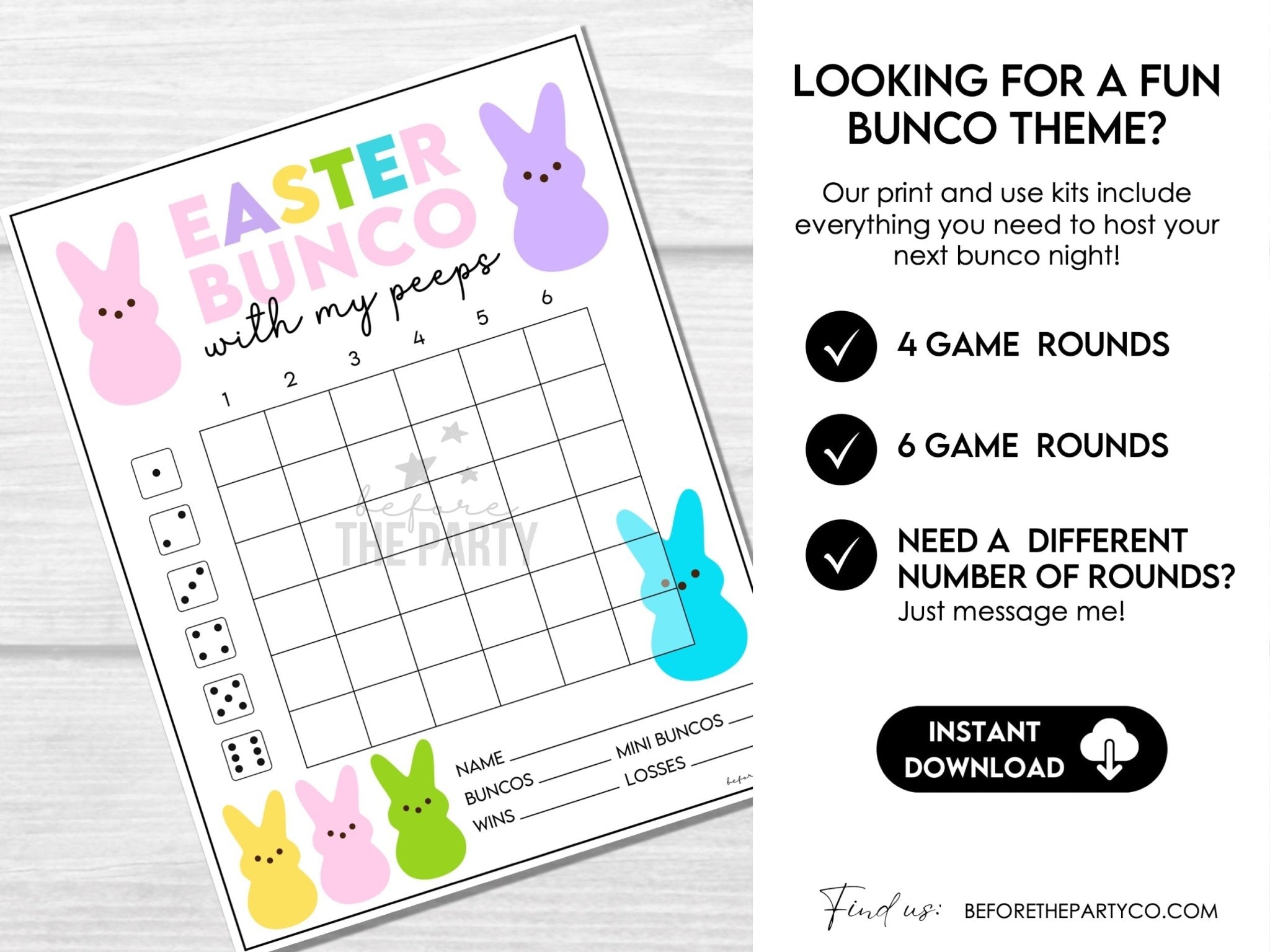 Bunco with My Peeps - Bunco Score Sheets, Tally Sheets, Table Numbers, Editable Invitation