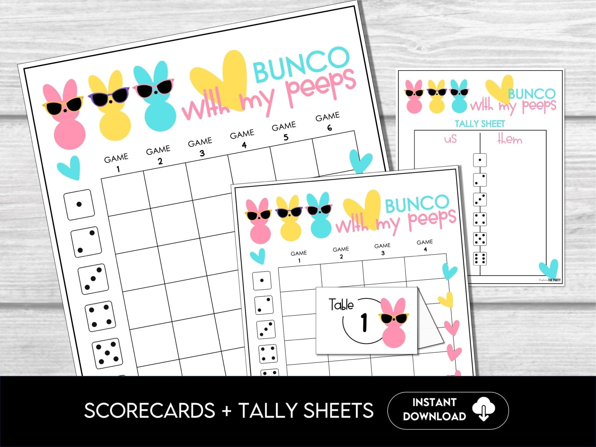 Bunco with my Peeps Score Sheet Bundle, Fun Scorecards, Tally Sheets April Bunco Night, Bunco Tally Sheet, includes 4 and 6 game rounds - Before The Party
