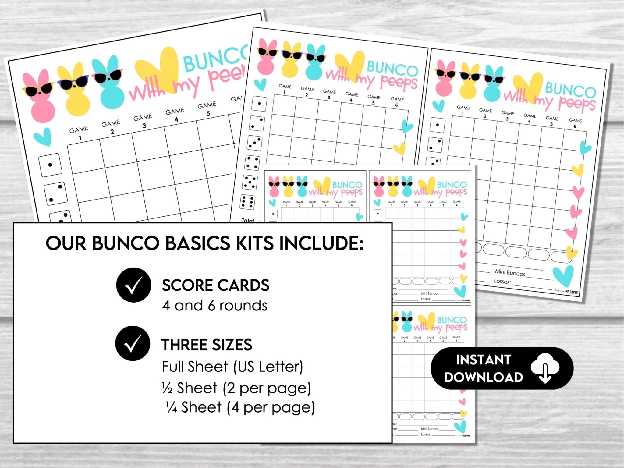 Bunco with my Peeps Score Sheet Bundle, Fun Scorecards, Tally Sheets April Bunco Night, Bunco Tally Sheet, includes 4 and 6 game rounds - Before The Party