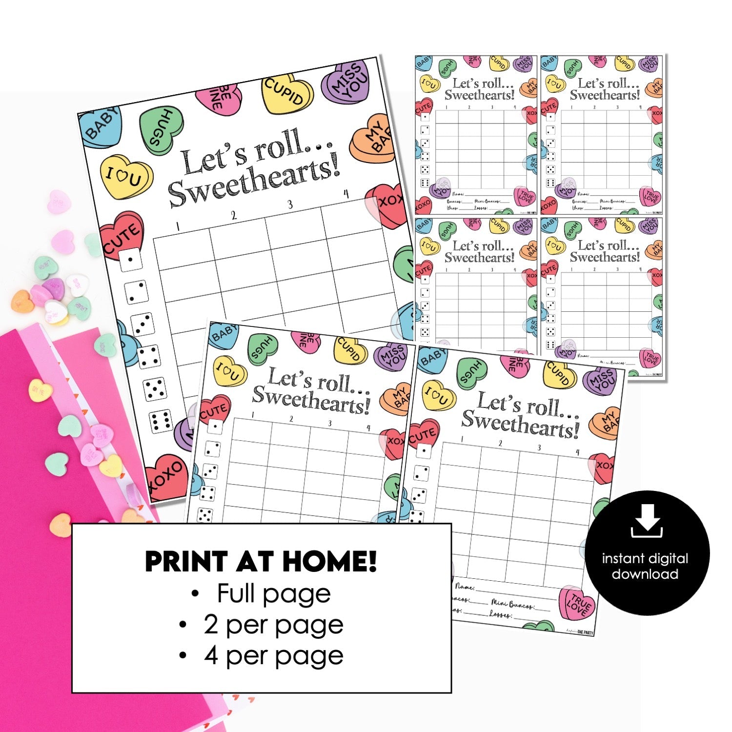 Candy Hearts Valentine Bunco Score Cards – Printable Valentine’s Score Sheets (Cards Only)