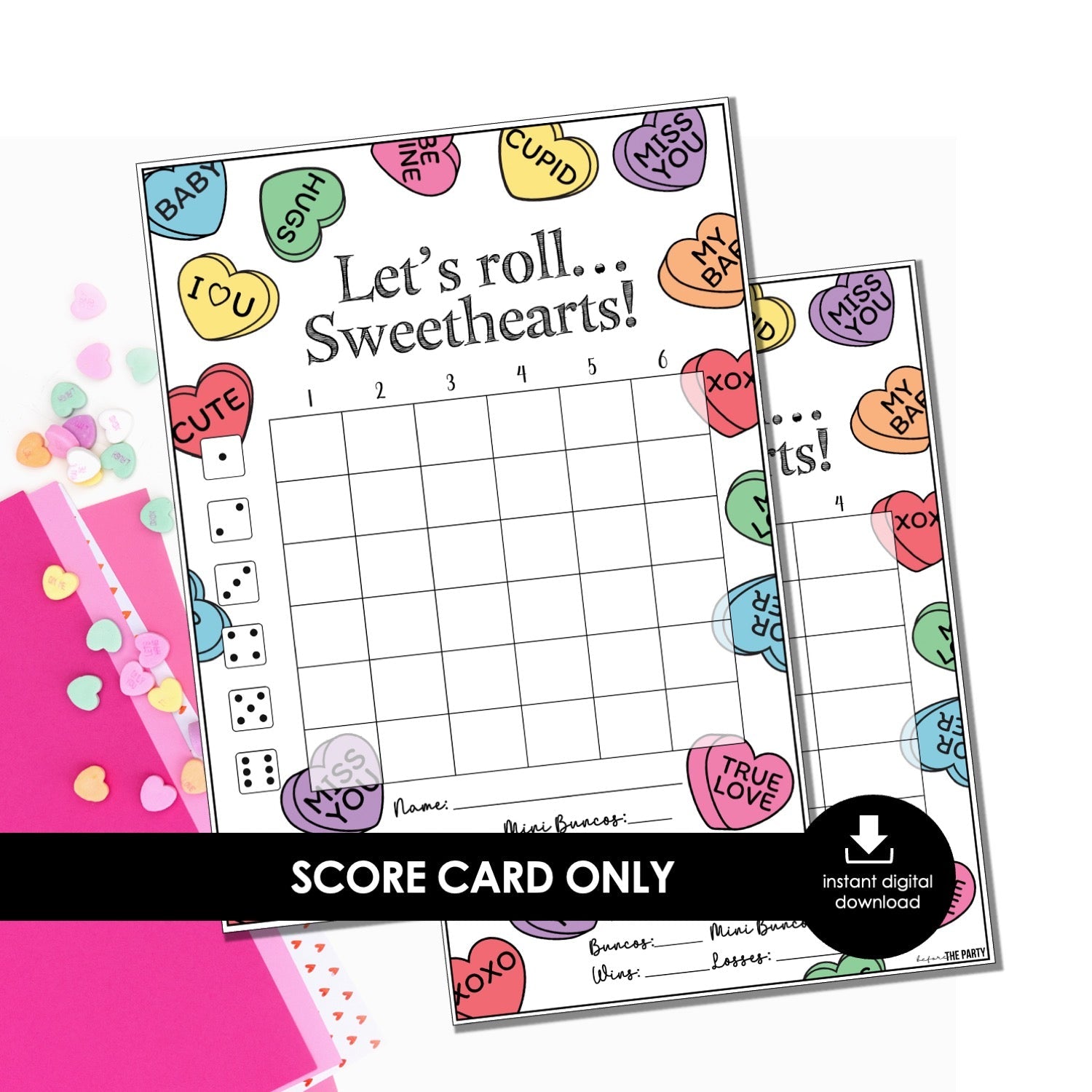 Candy Hearts Valentine Bunco Score Cards – Printable Valentine’s Score Sheets (Cards Only)