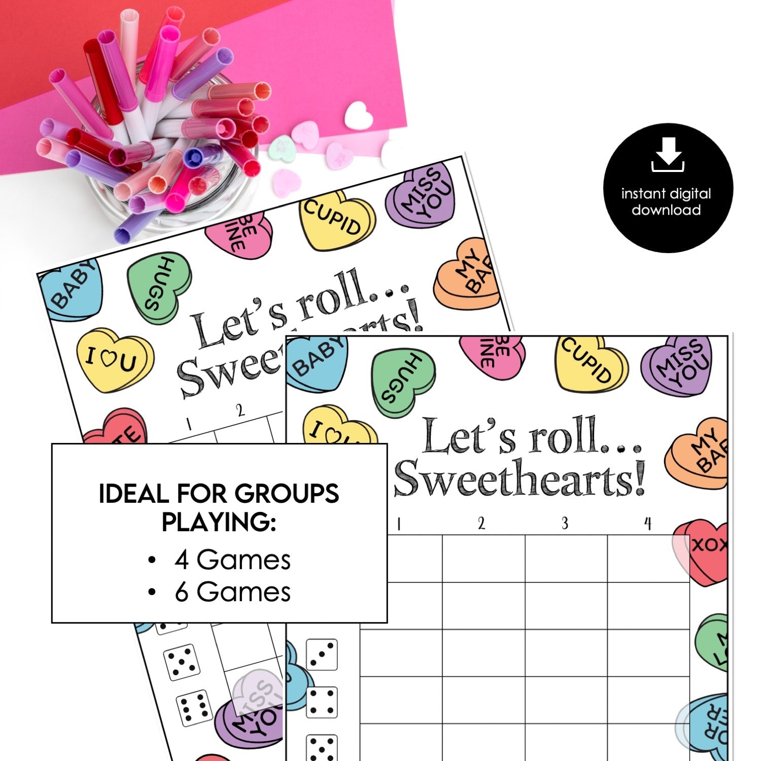 Candy Hearts Valentine Bunco Score Cards – Printable Valentine’s Score Sheets (Cards Only)