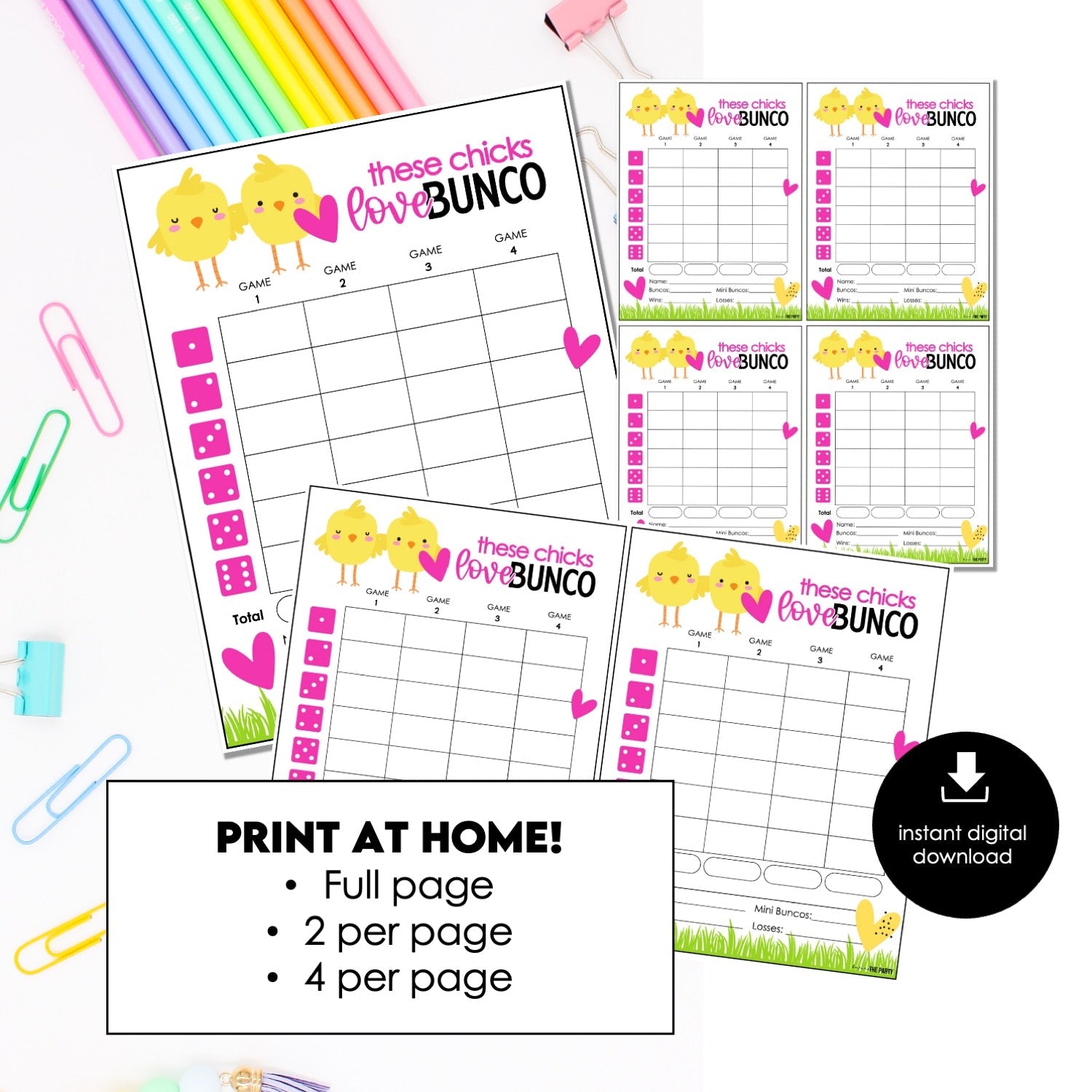Chick Theme Bunco Score Cards – Spring Printable Bunco Score Sheets (Cards Only)