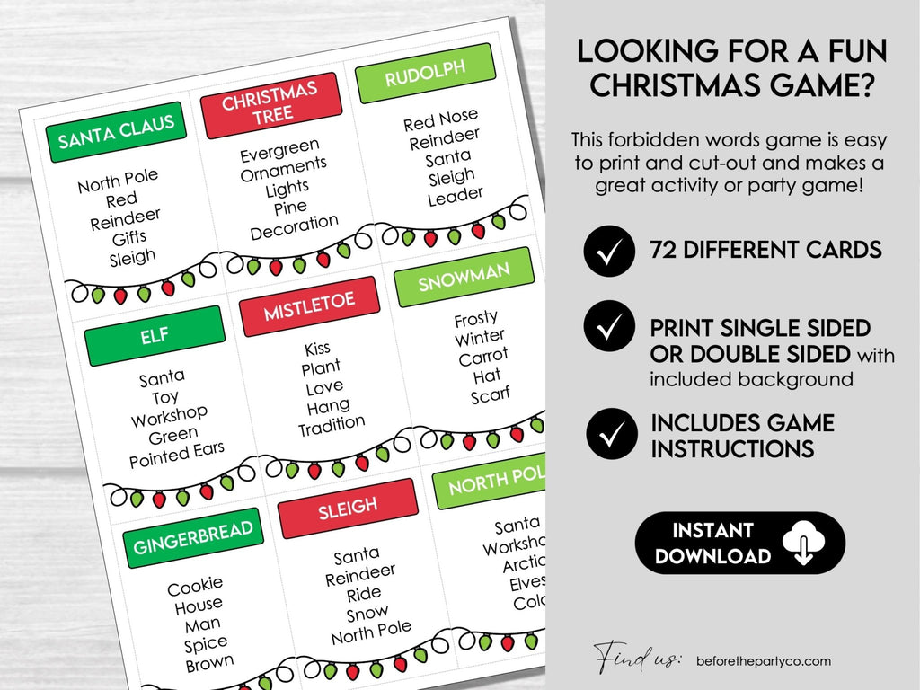 Christmas Forbidden Word Game | Holiday Guess The Word Game | Printable Christmas Party Games | Family Christmas Game, Kids & Adults - Before The Party