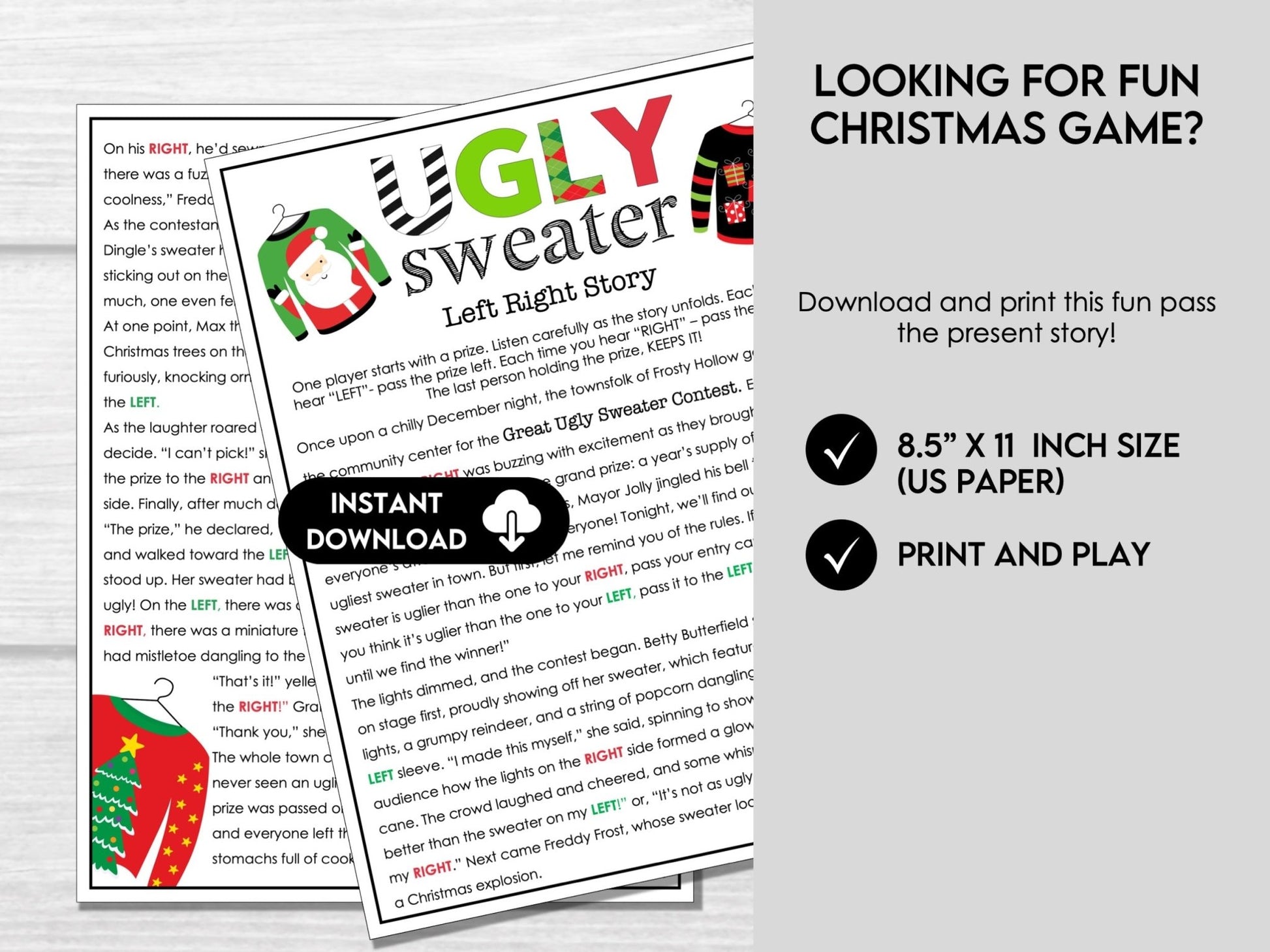 Ugly Sweater Left Right Gift Exchange Story Printable | Chrostmas Gift Swap Game