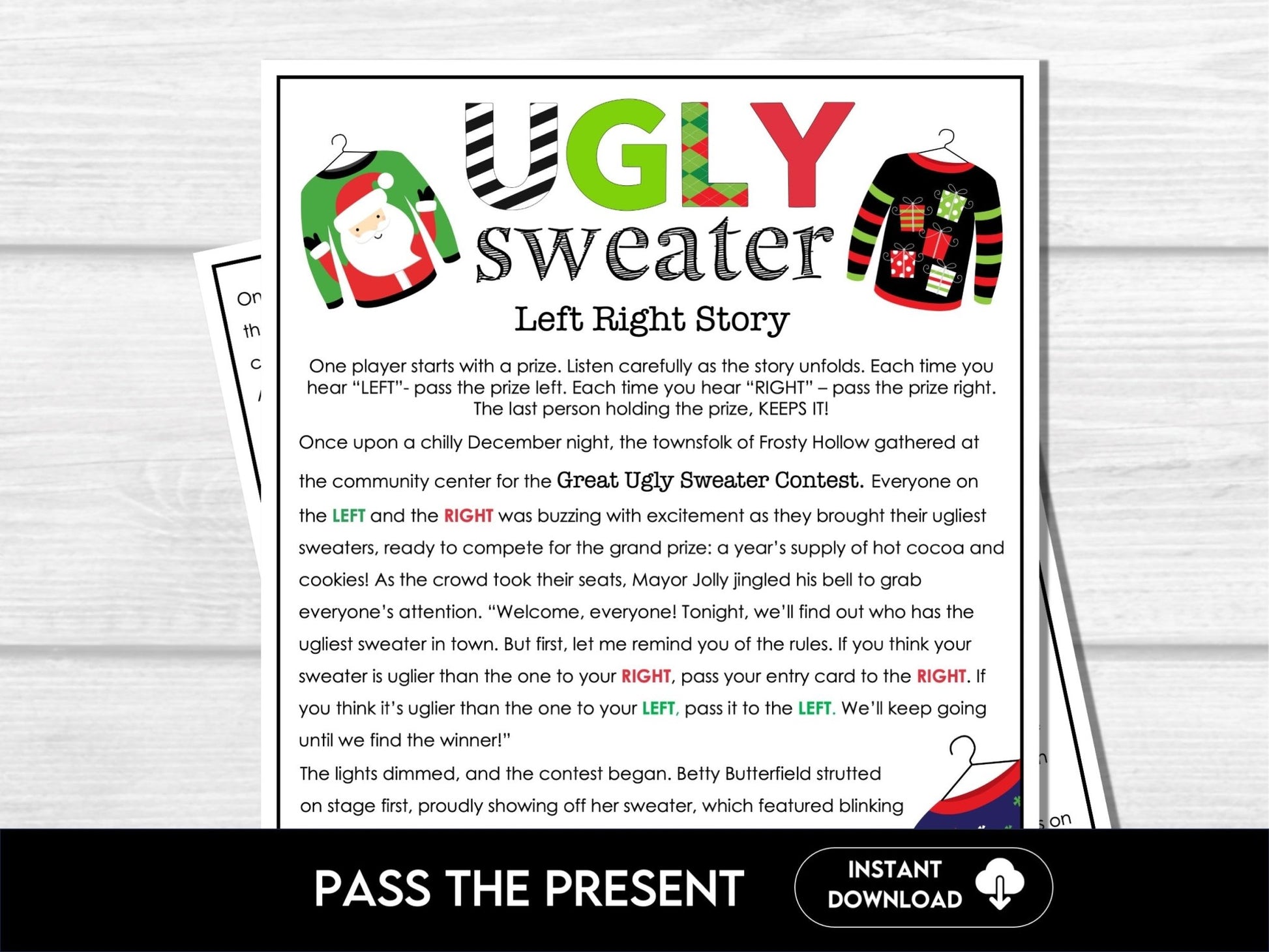 Ugly Sweater Left Right Gift Exchange Story Printable | Chrostmas Gift Swap Game