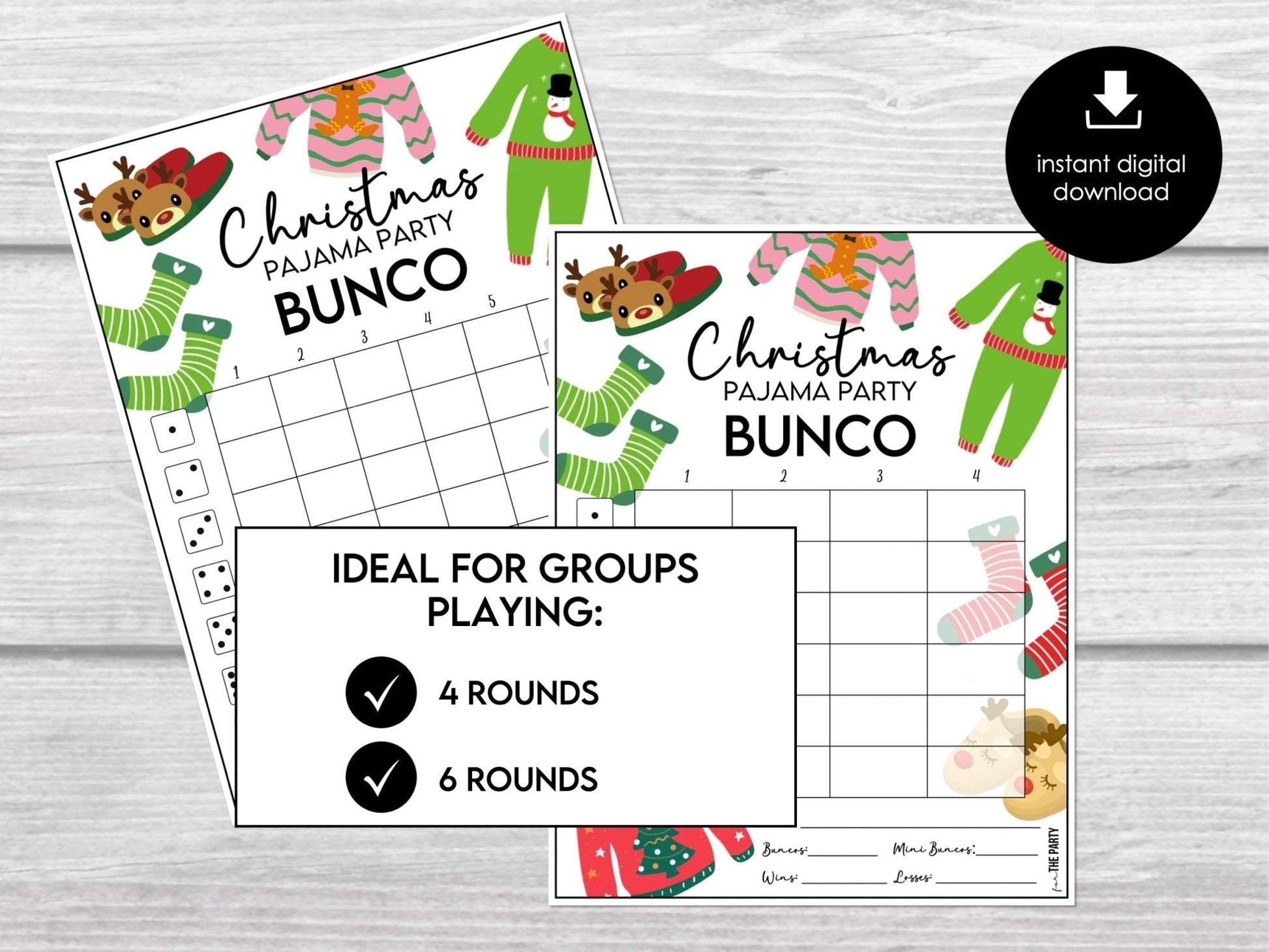 Christmas Pajama Party Bunco, Printable Bunco Score Cards, Score Card Tally Sheets,