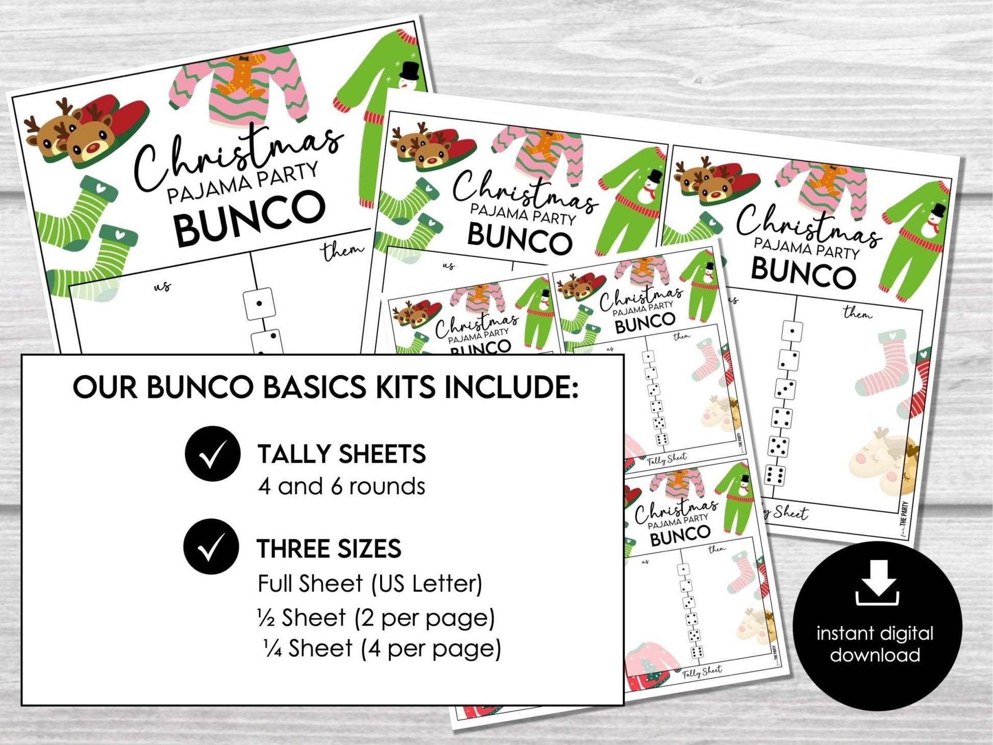 Christmas Pajama Party Bunco, Printable Bunco Score Cards, Score Card Tally Sheets,