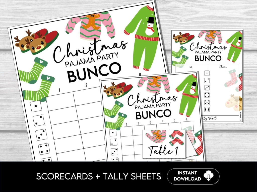 Christmas Pajama Party Bunco, Printable Bunco Score Cards, Score Card Tally Sheets, - Before The Party