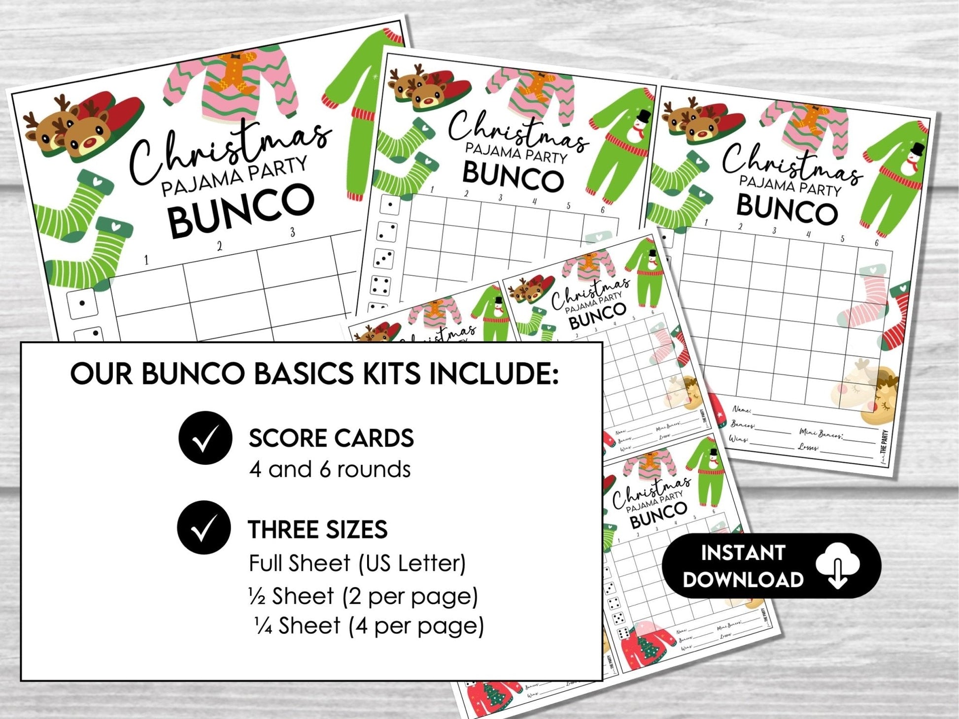 Christmas Pajama Party Bunco, Printable Bunco Score Cards, Score Card Tally Sheets,