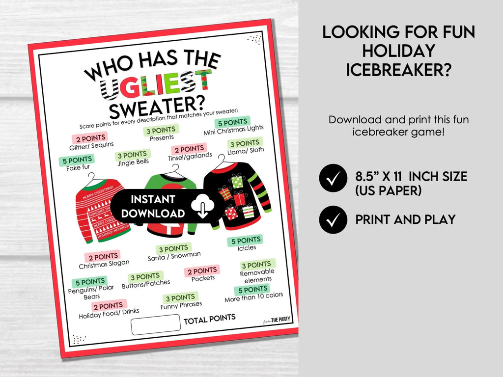 Christmas Ugly Sweater Game, Printable Icebreaker Activity for Adults and Kids, Holiday Party Game, Who has the Ugliest Sweater, Printable - Before The Party