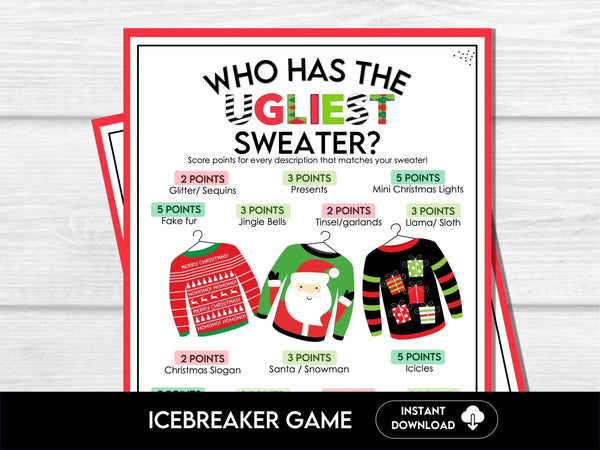 Christmas Ugly Sweater Game, Printable Icebreaker Activity for Adults and Kids, Holiday Party Game, Who has the Ugliest Sweater, Printable - Before The Party