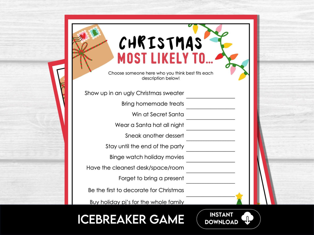 Christmas Who is Most Likely To Game, Printable Holiday Activity for Adults, Christmas Party Fun Icebreaker Printable Game, Office Party - Before The Party