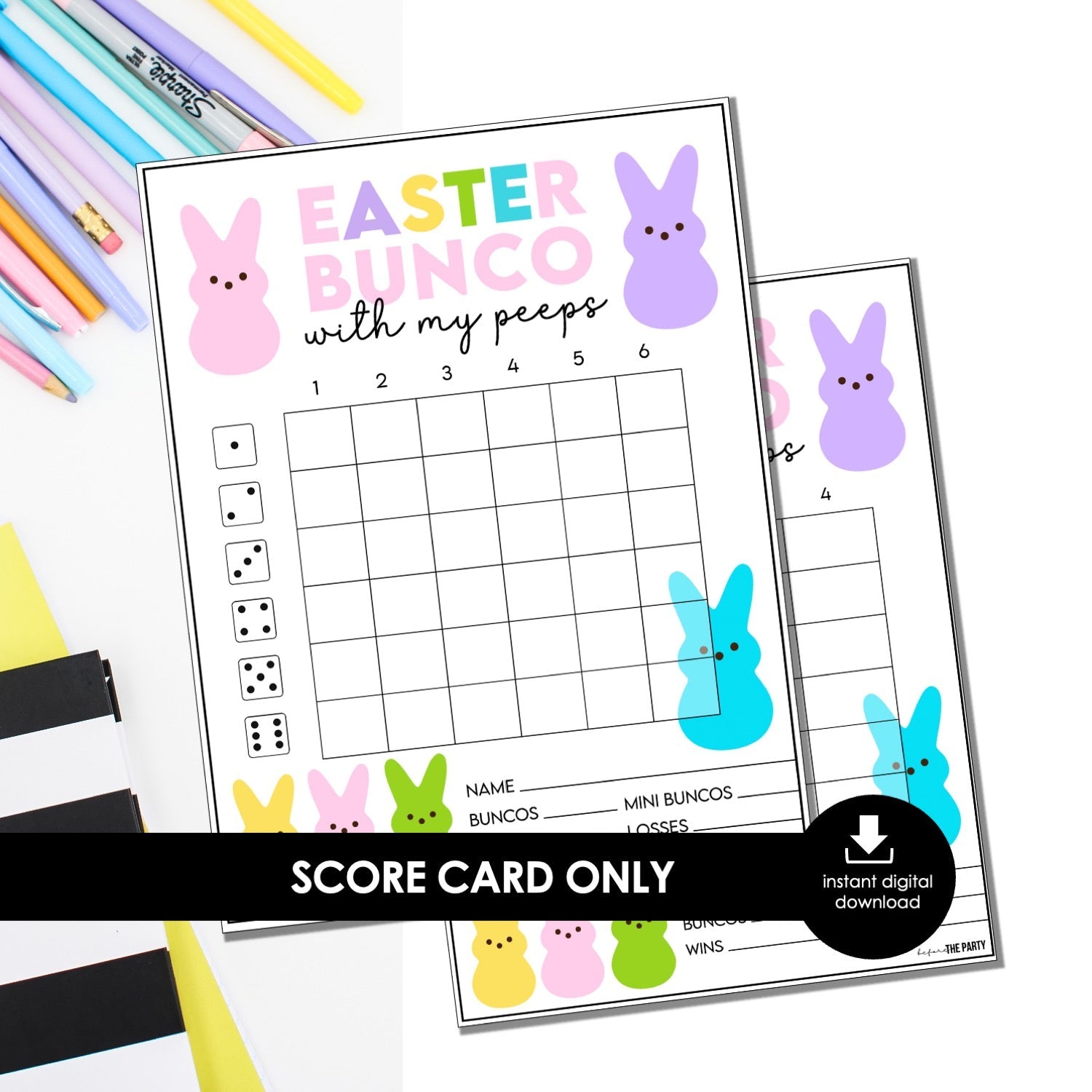 Easter Bunco Score Cards – “With My Peeps” Bunny Theme Printable (Cards Only)