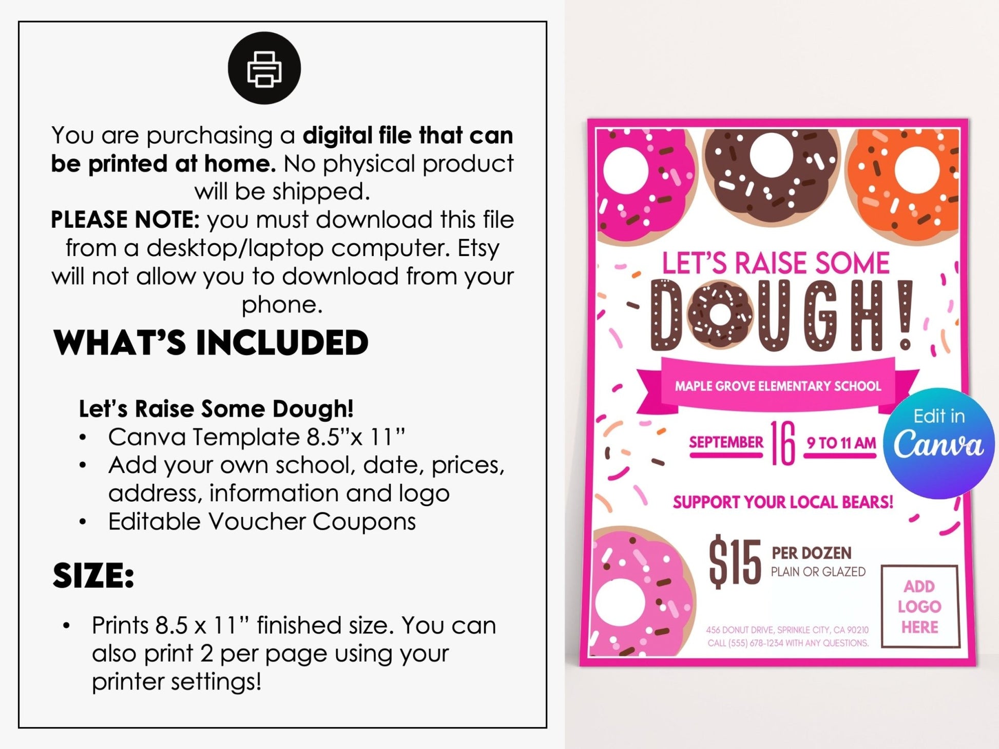 Editable Donut School Fundraiser Flyer 8.5" x 11" – Canva Template - Before The Party