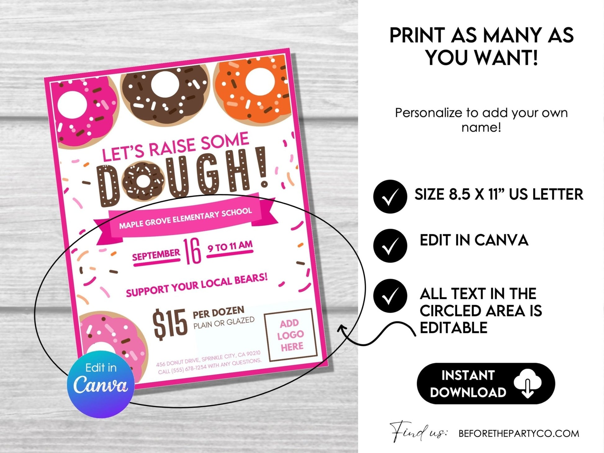 Editable Donut School Fundraiser Flyer 8.5" x 11" – Canva Template - Before The Party