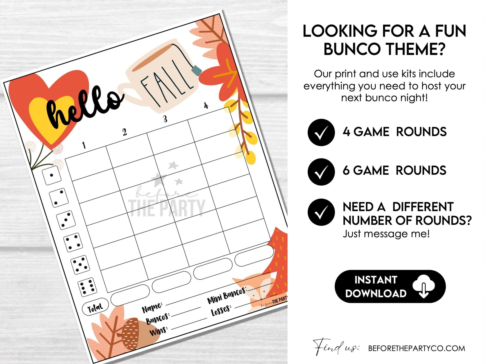 Fall Bunco Score Cards, Autumn Leaves Bunco Score Sheets, FALL harvest Bunco Invitation, Bunco Party Kit - Before The Party