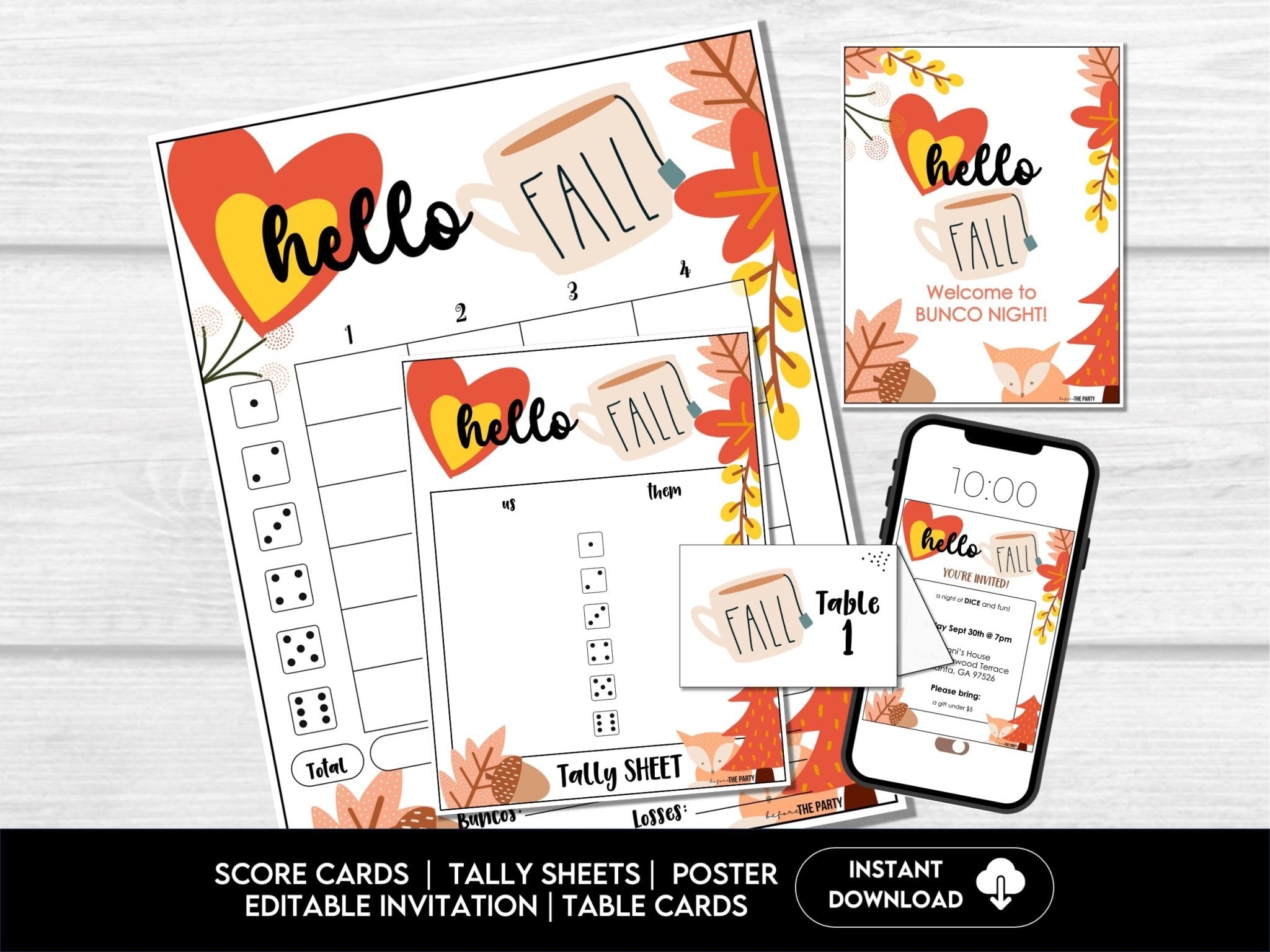 Fall Bunco Score Cards, Autumn Leaves Bunco Score Sheets, FALL harvest Bunco Invitation, Bunco Party Kit - Before The Party
