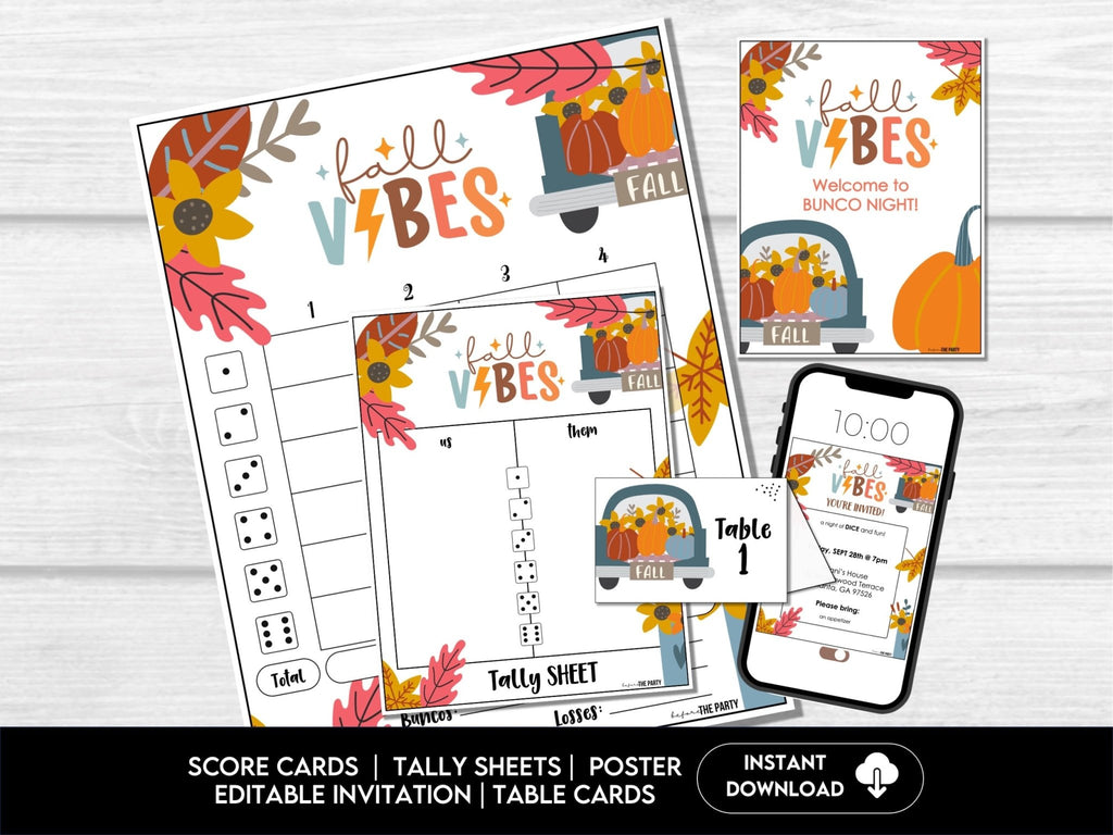 Fall VIBES Bunco Score Cards, Autumn Bunco Score Sheets, FALL Bunco Invitation, Pumpkin Theme - Before The Party