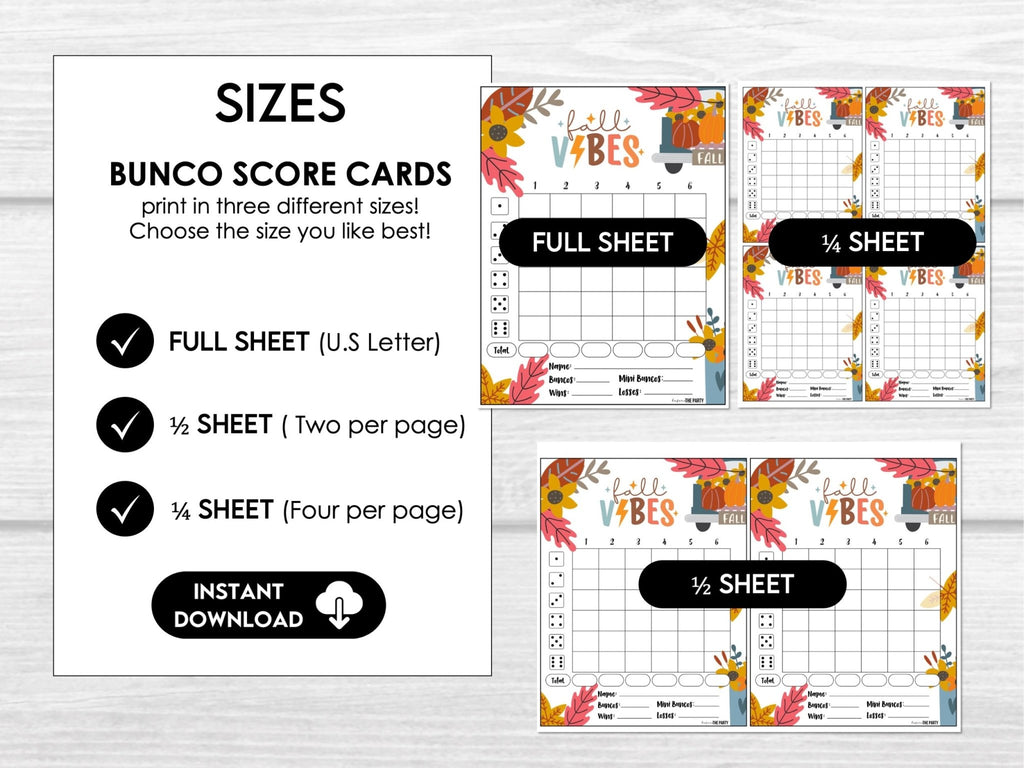 Fall VIBES Bunco Score Cards, Autumn Bunco Score Sheets, FALL Bunco Invitation, Pumpkin Theme - Before The Party