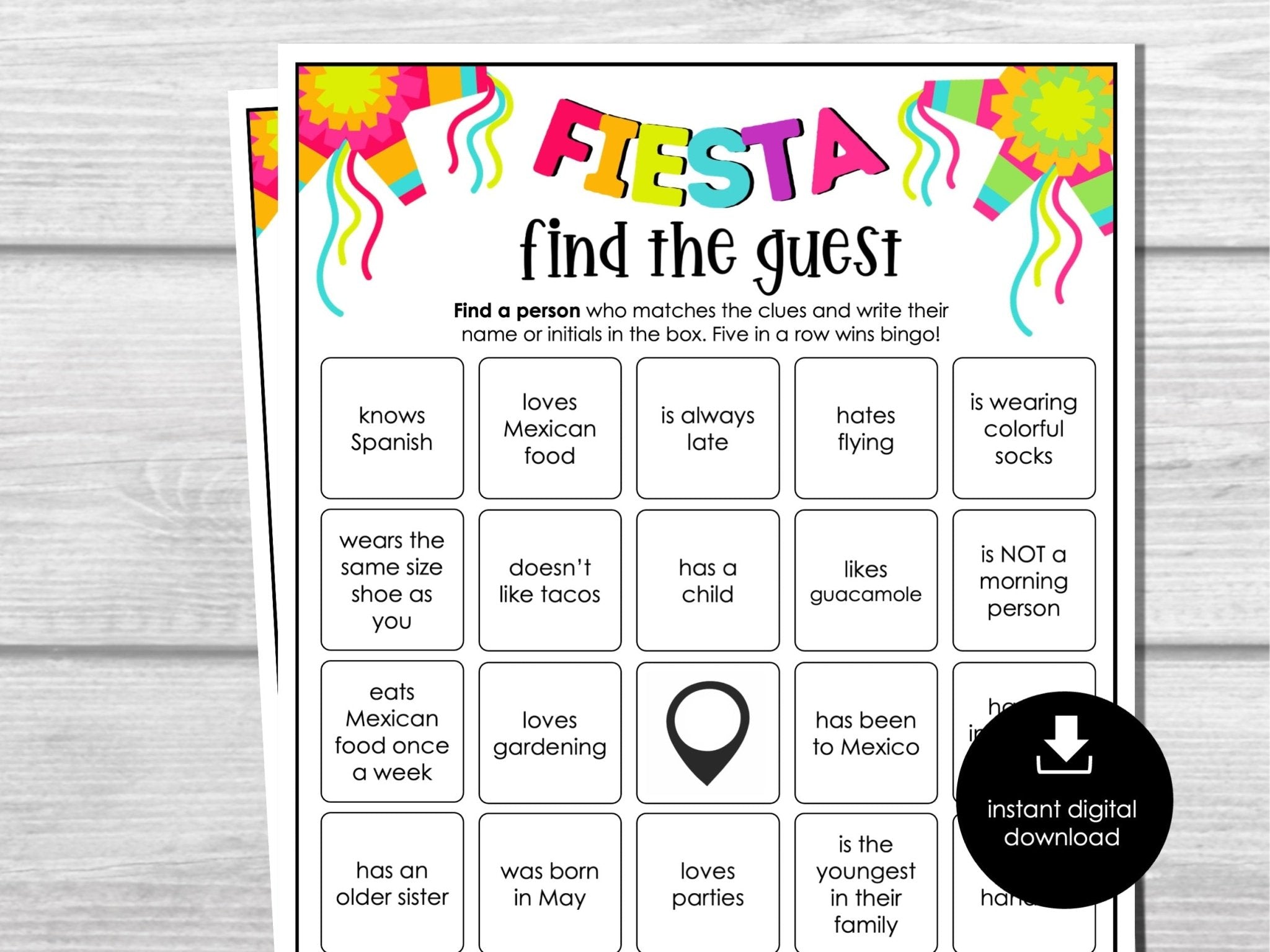 Fiesta Party Find the Guest Bingo, Find Someone Who Party Game, Printable Game, Fun Ice breaker Game for Cinco De Mayo Parties. Adults, Kids
