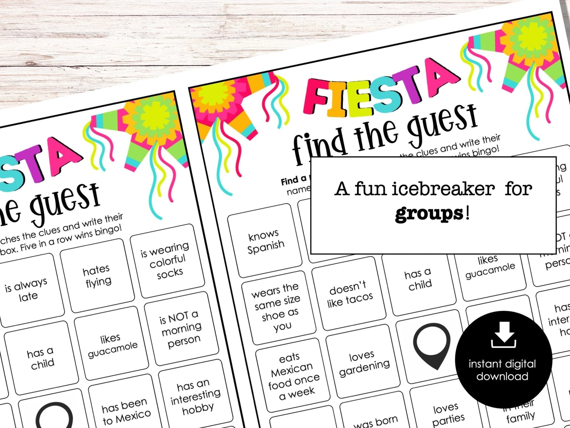 Fiesta Party Find the Guest Bingo, Find Someone Who Party Game, Printable Game, Fun Ice breaker Game for Cinco De Mayo Parties. Adults, Kids